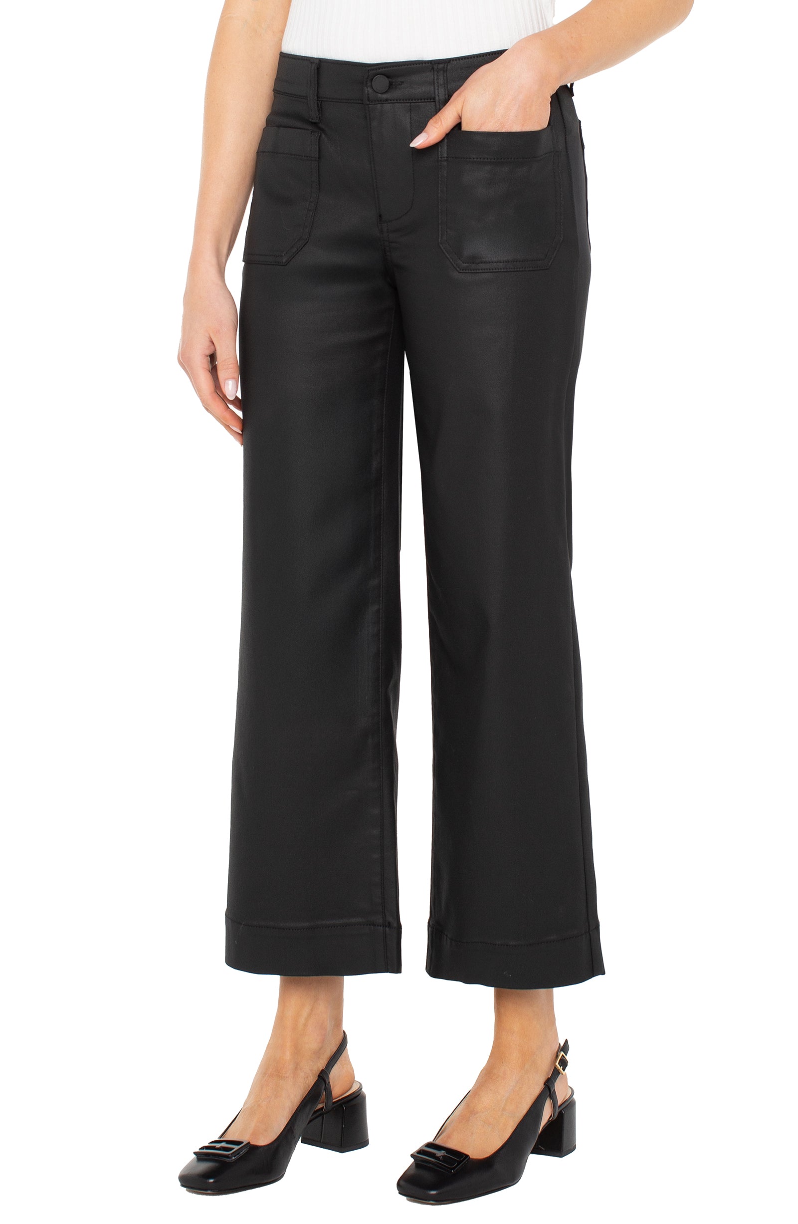 *FINAL SALE* Liverpool Coated Mid Rise Crop Wide Leg with Front Patch Pockets 27" Ins