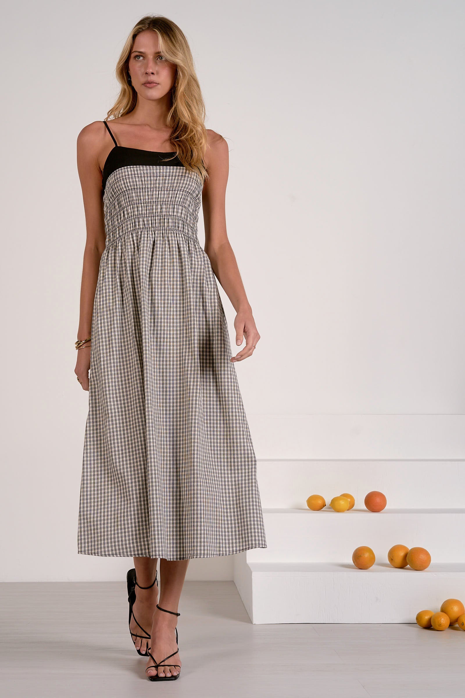 Spaghetti Strap Plaid Dress with Trim Contrast and Pockets