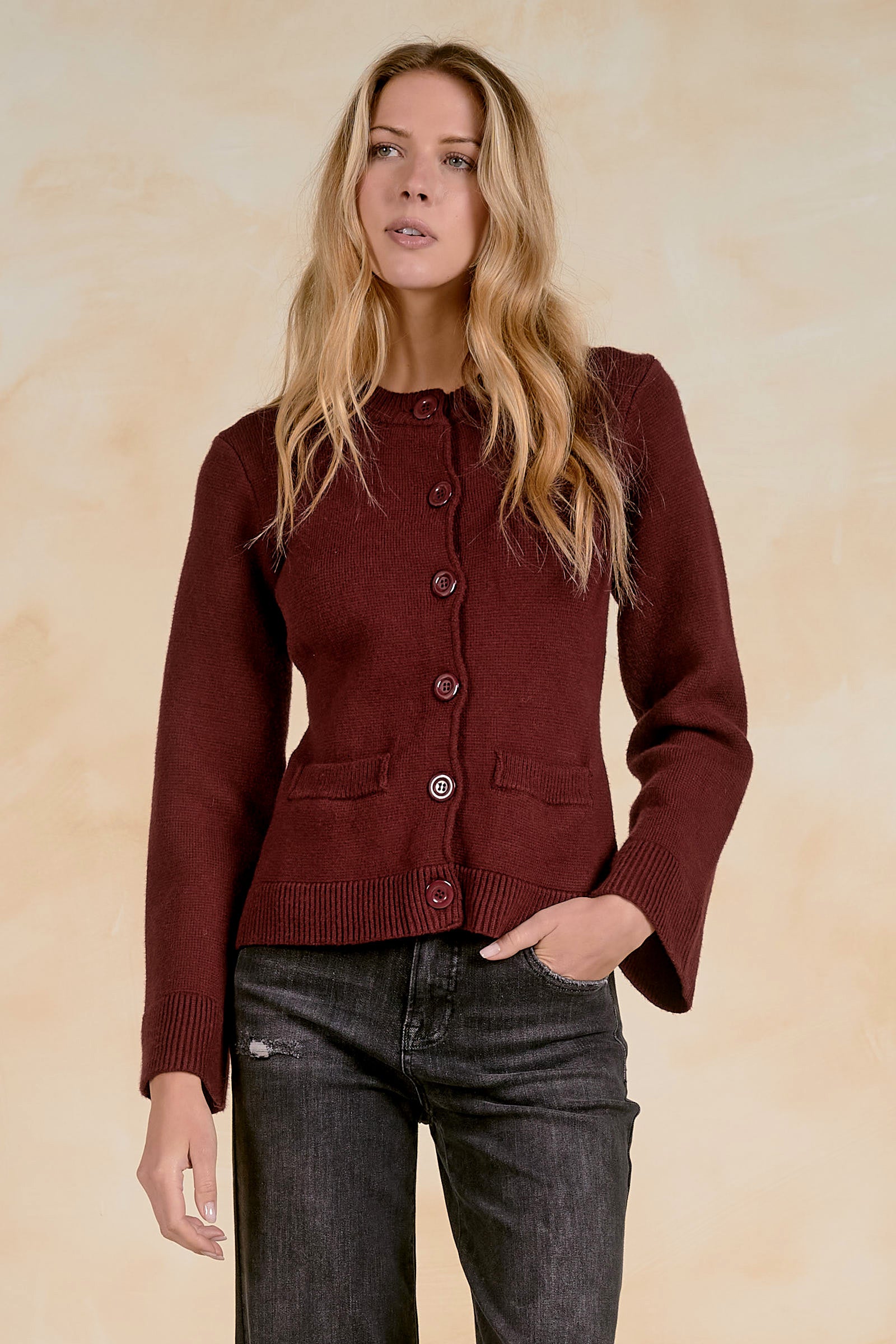 Heavy Button Front Cardigan with Flare Sleeve and Pockets
