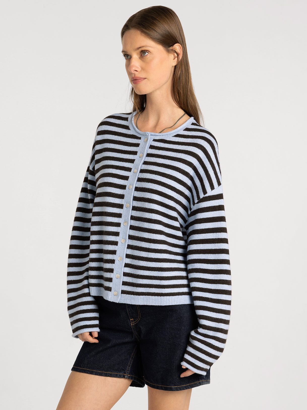 Rolled Hem Crew Neck Cardigan