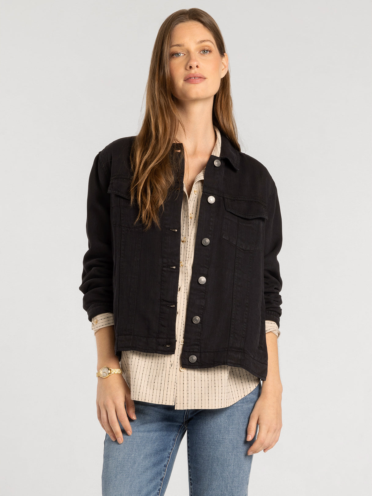 Relaxed Tencel Denim Jacket with Button Front