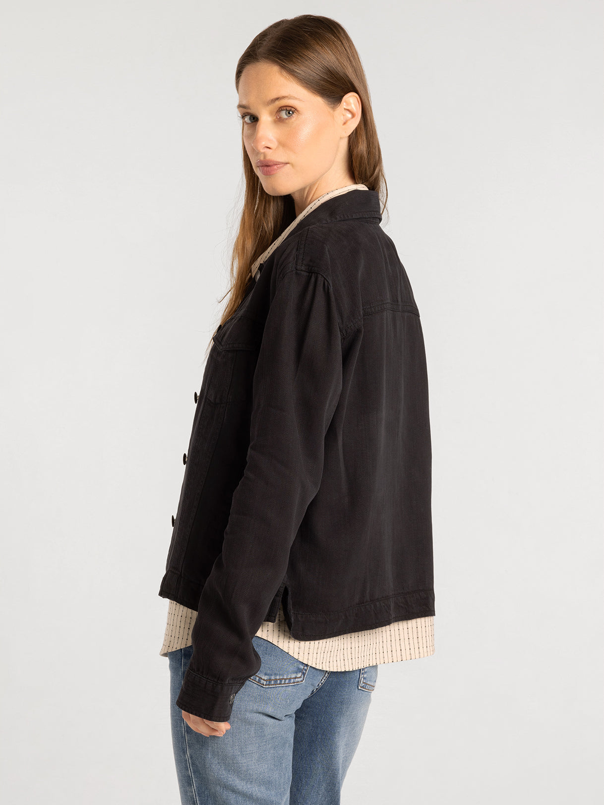 Relaxed Tencel Denim Jacket with Button Front