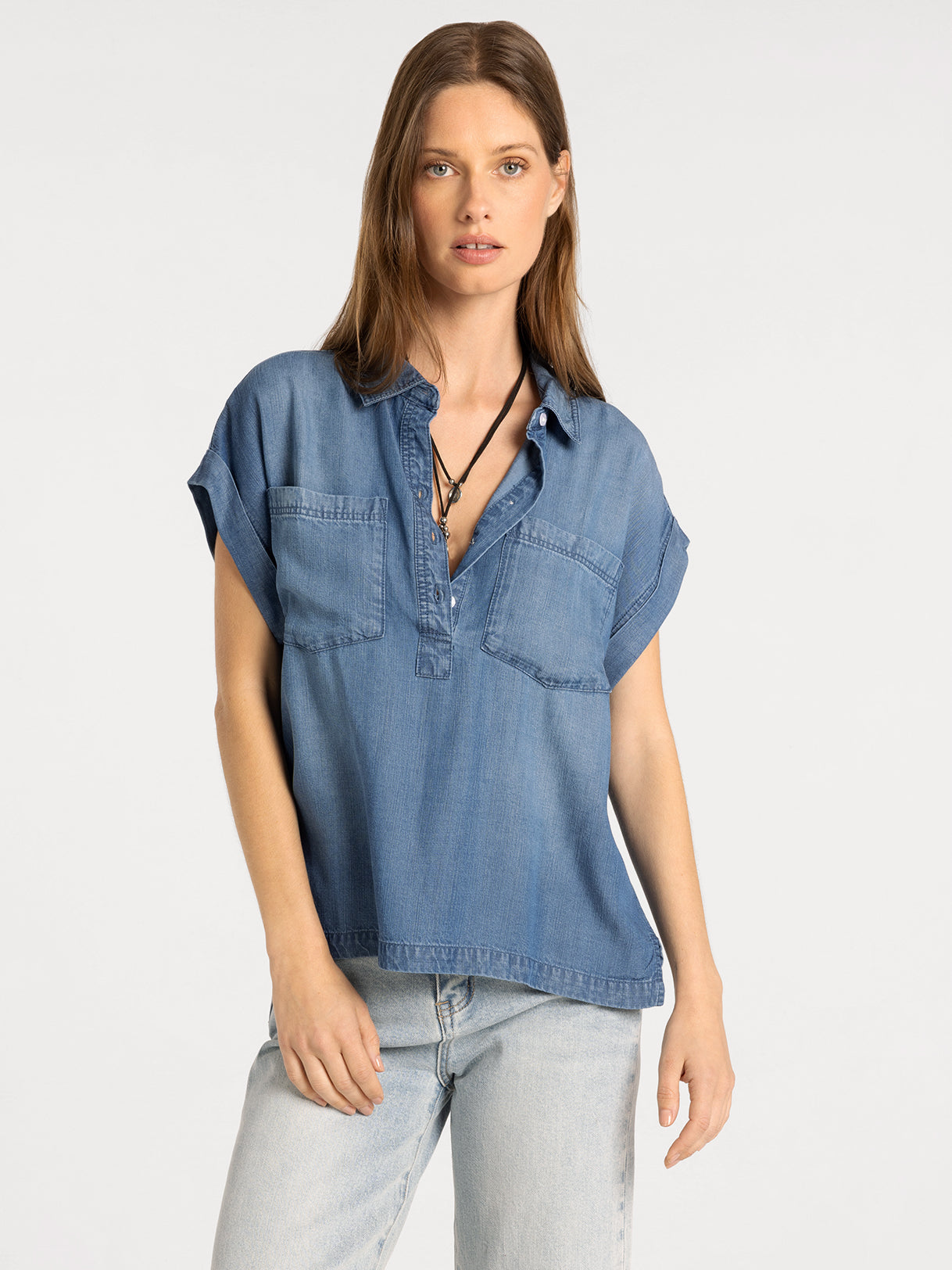 Short Sleeve Tencel Half Button Down Top