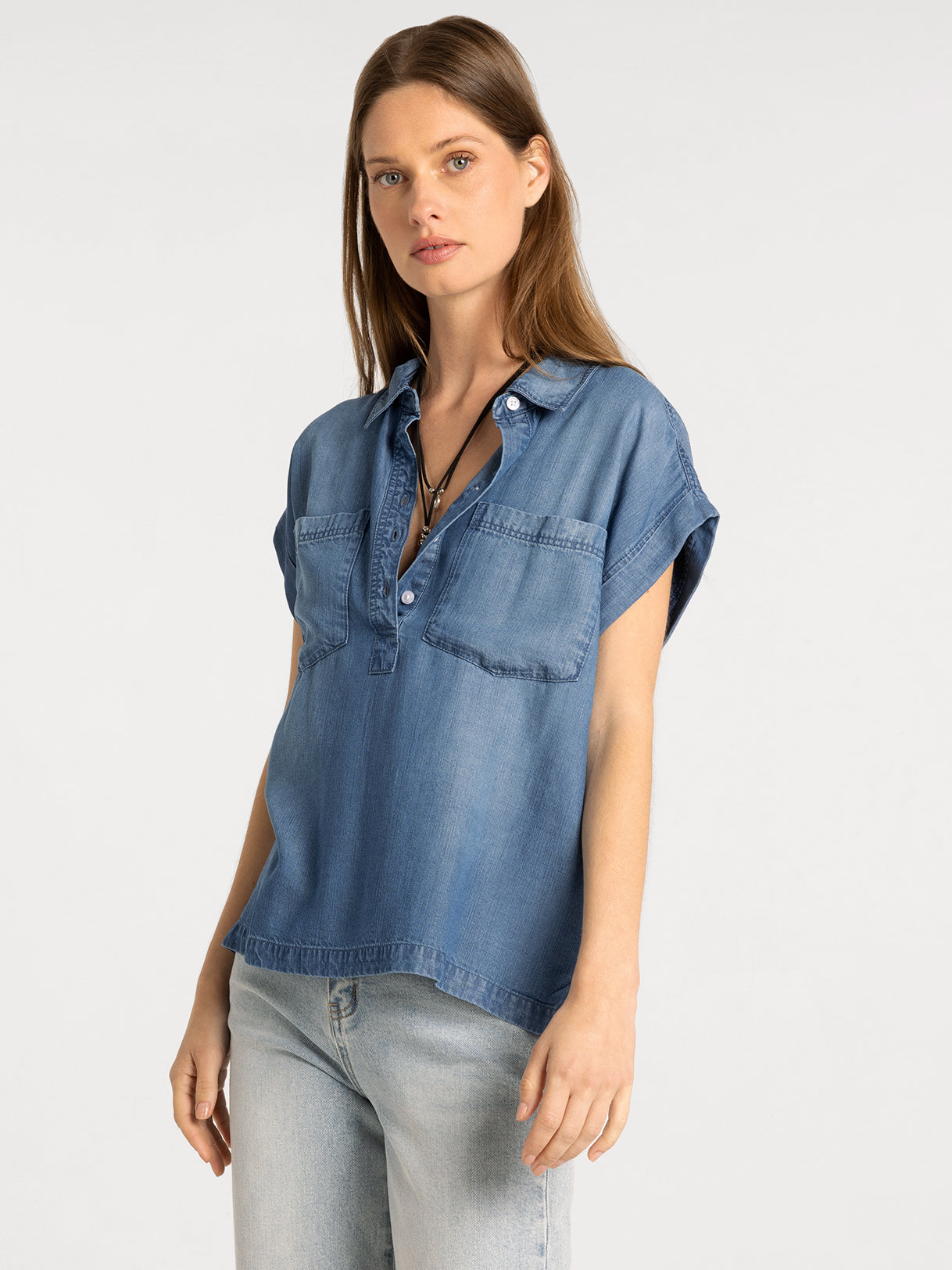 Short Sleeve Tencel Half Button Down Top