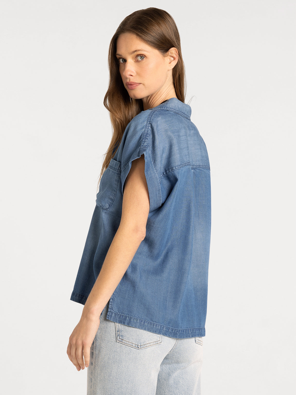 Short Sleeve Tencel Half Button Down Top