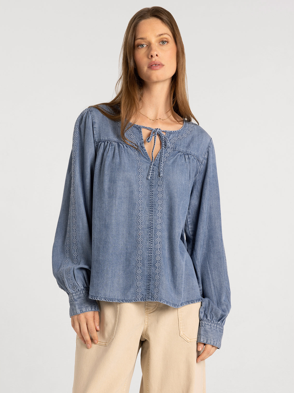 Long Sleeve Tencel Blouse with Embroidery Detail and Tie Front
