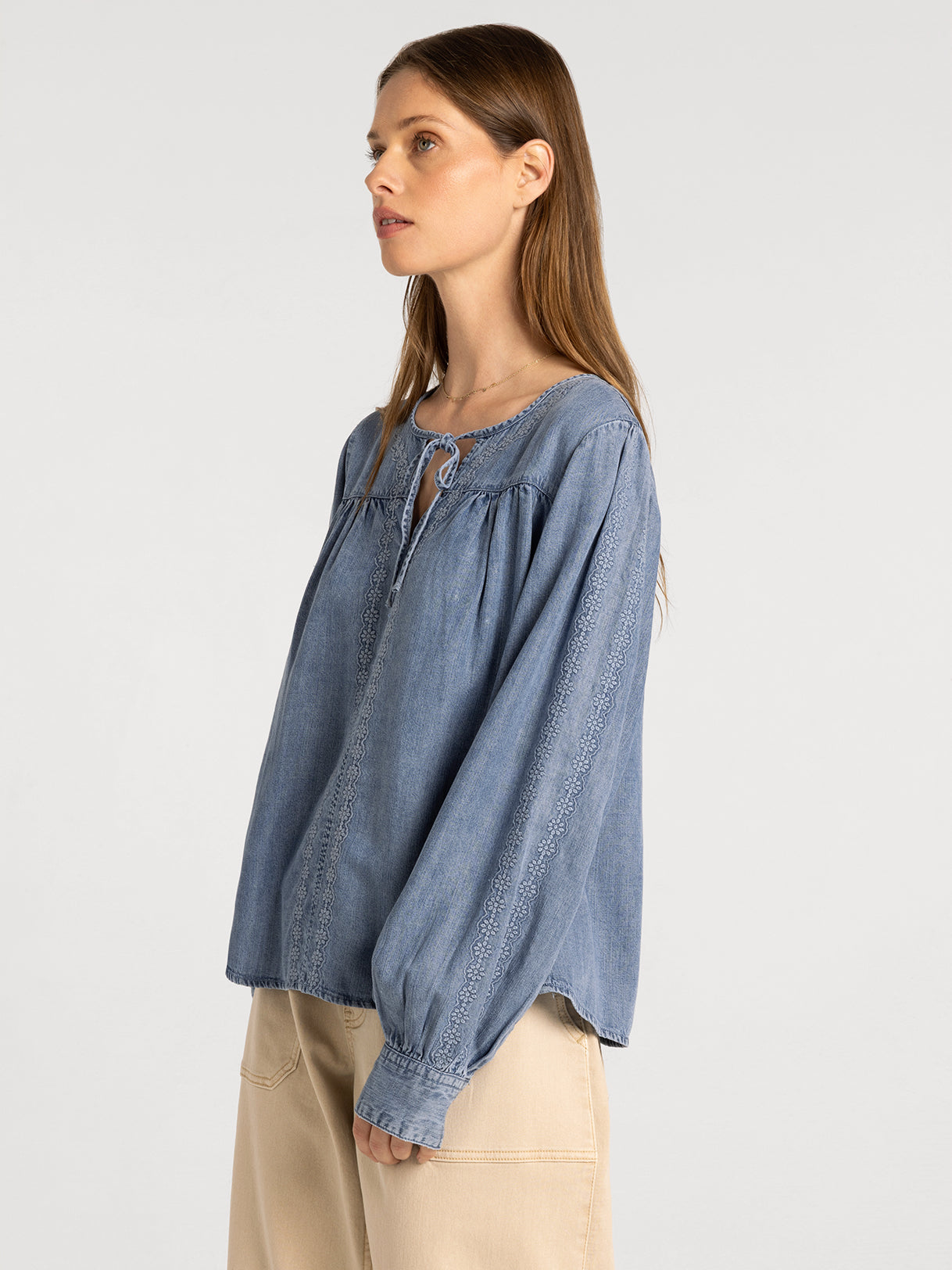 Long Sleeve Tencel Blouse with Embroidery Detail and Tie Front