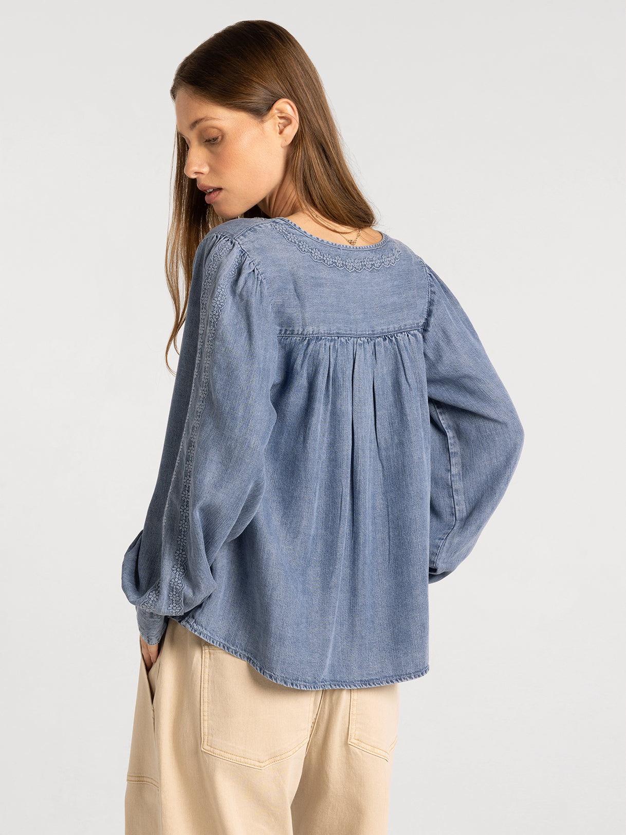 Long Sleeve Tencel Blouse with Embroidery Detail and Tie Front