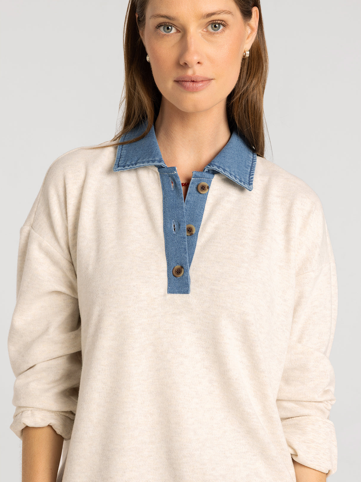 Lightweight Sweater with Denim Collar Contrast