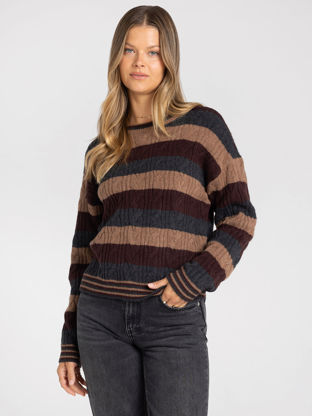 Striped Cable Knit Crew Neck Sweater