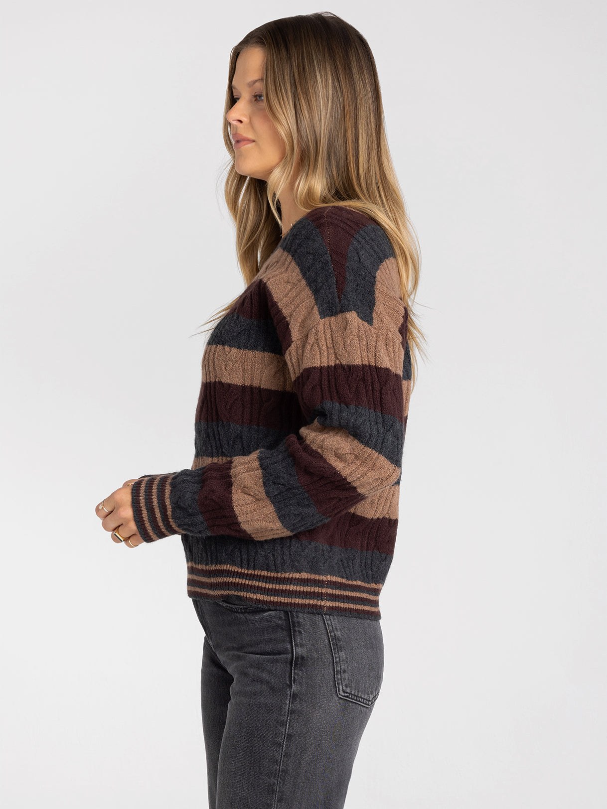 Striped Cable Knit Crew Neck Sweater