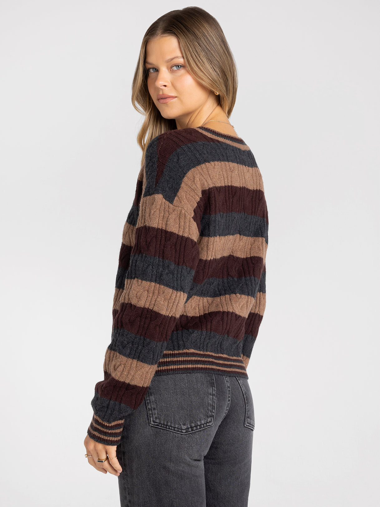 Striped Cable Knit Crew Neck Sweater