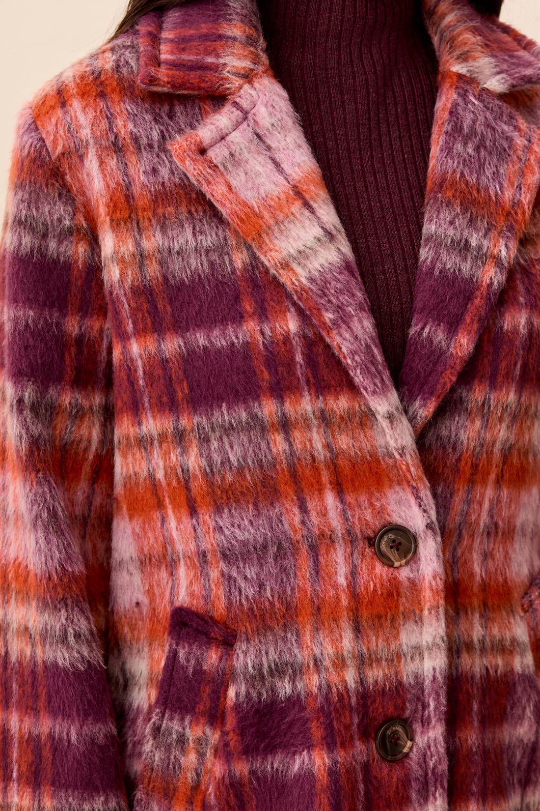MB Single Breasted Fuzzy Plaid Coat