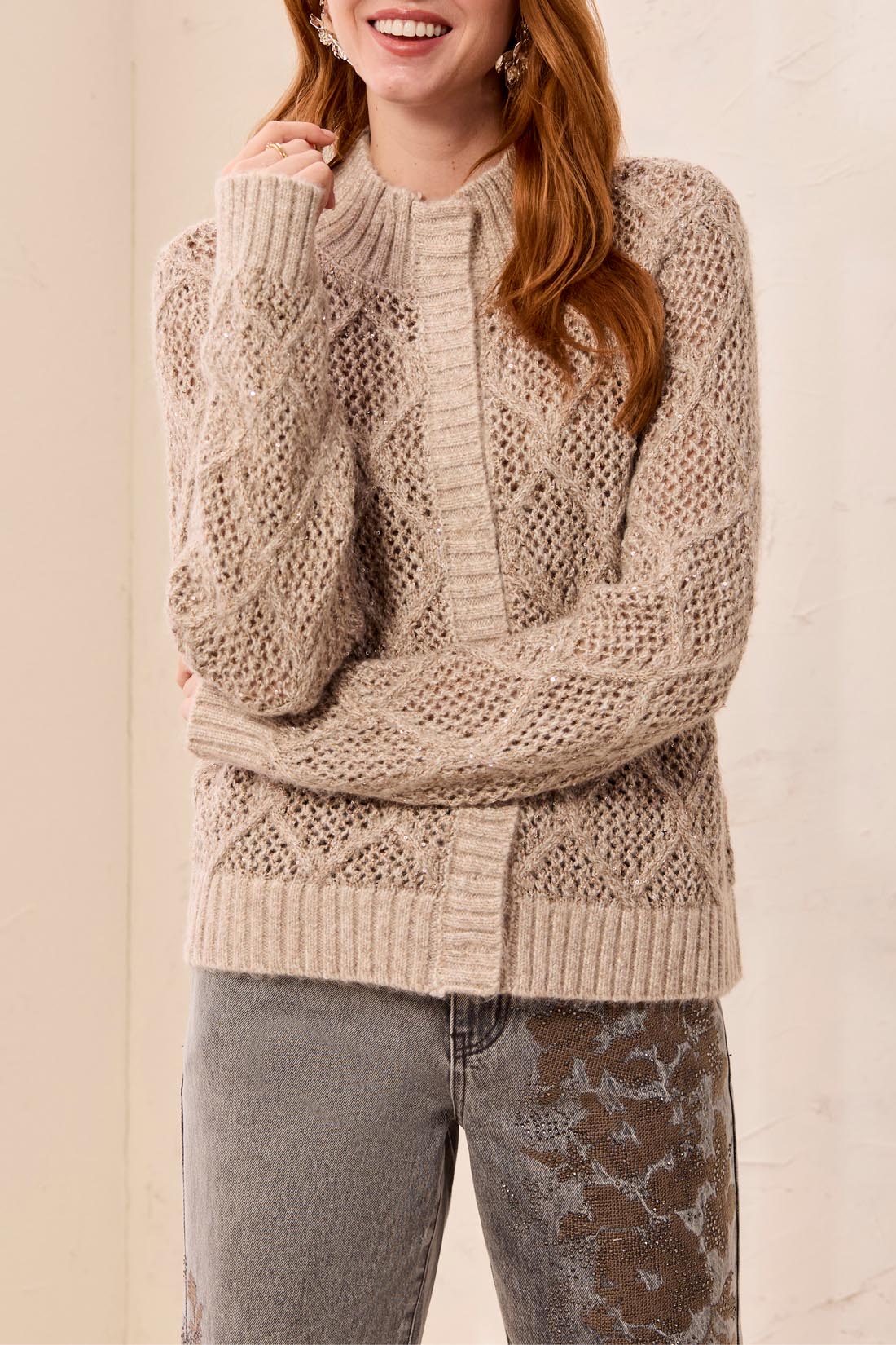 MB Mock Neck Cardigan with Open Knit Detail