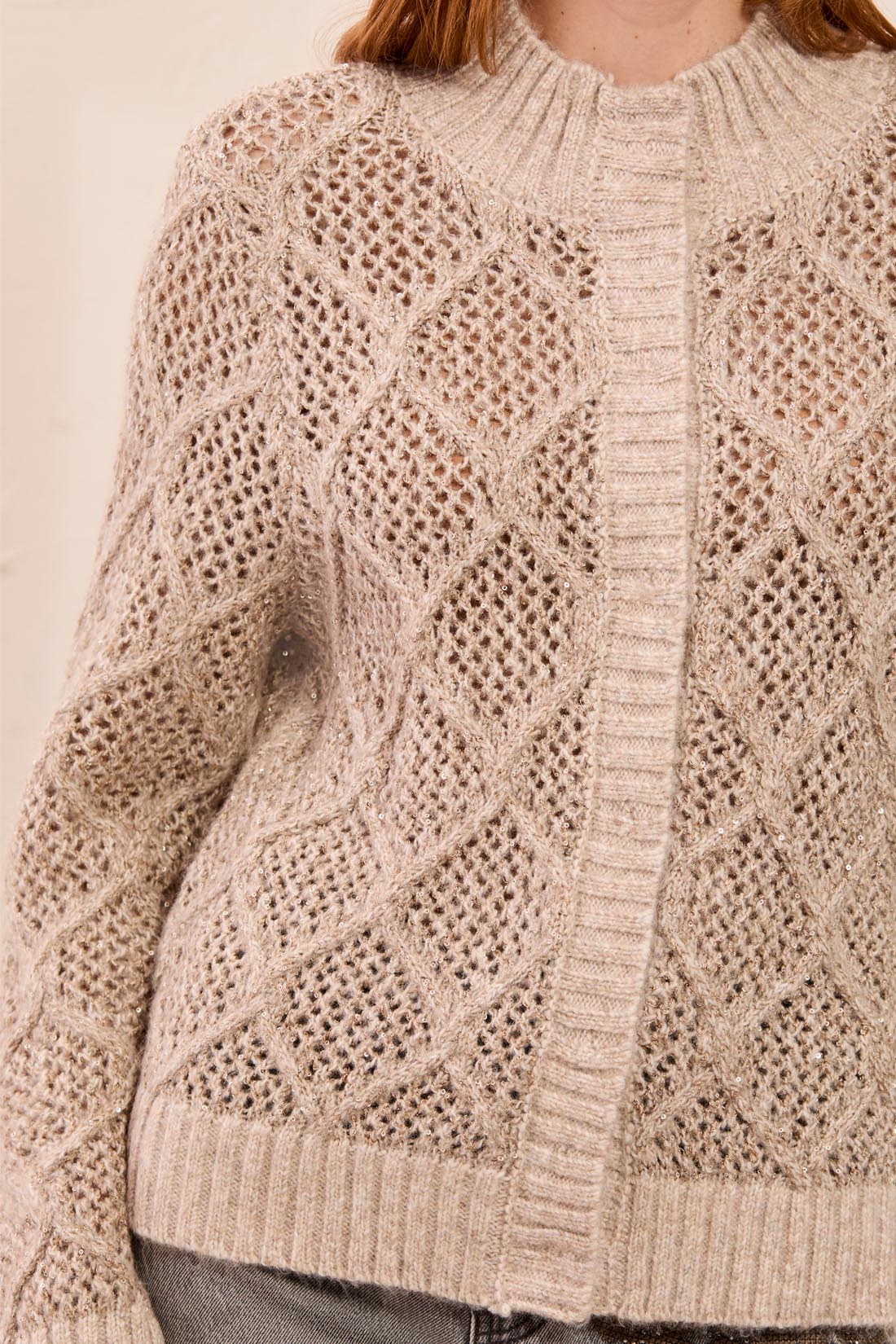 MB Mock Neck Cardigan with Open Knit Detail