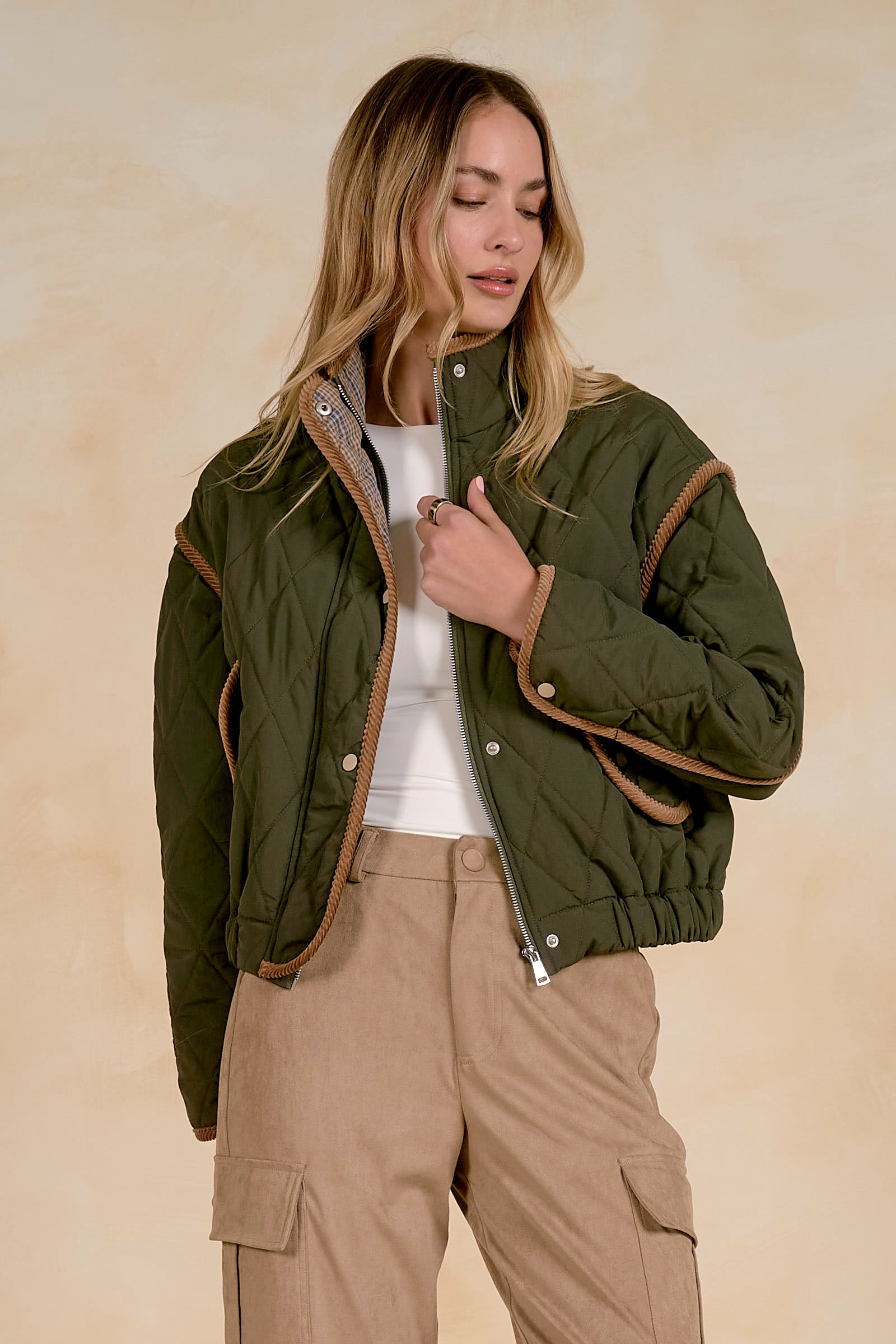 Quilted Button Front Jacket with Roping Trim Detail