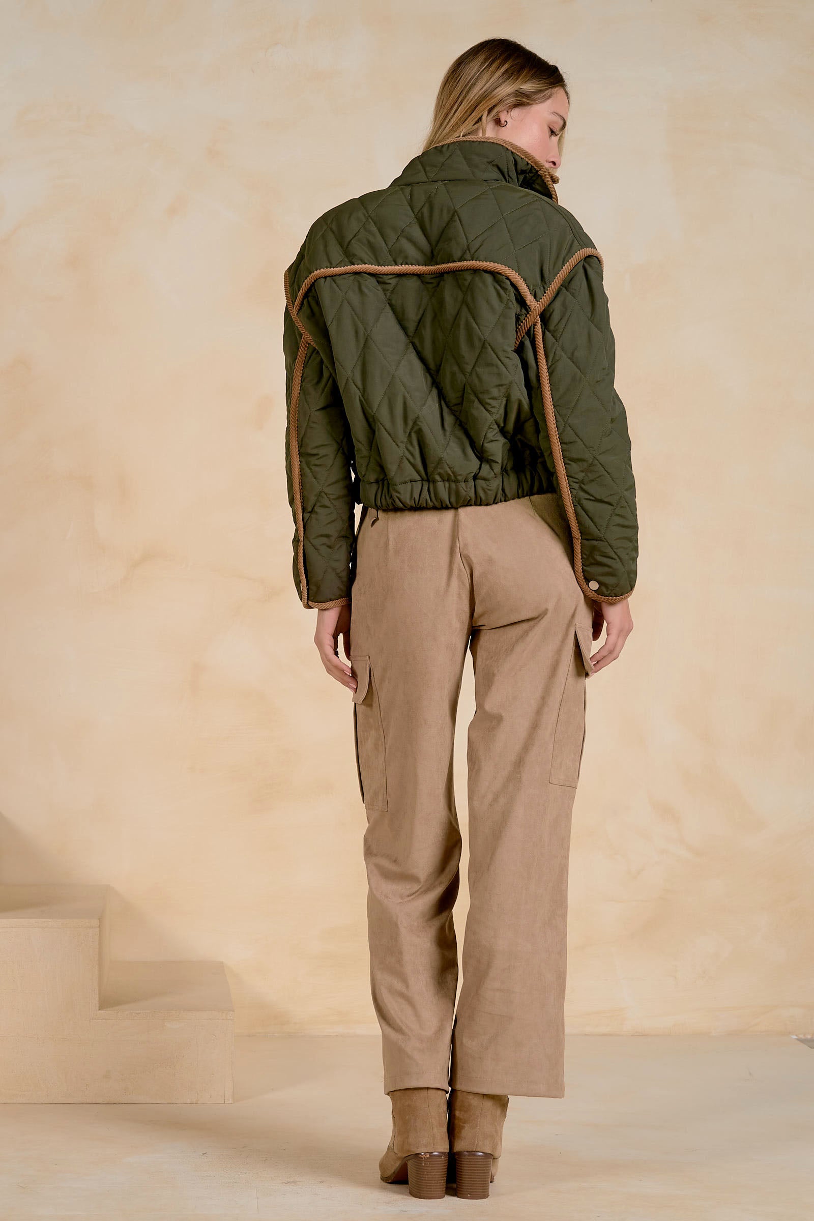 Quilted Button Front Jacket with Roping Trim Detail