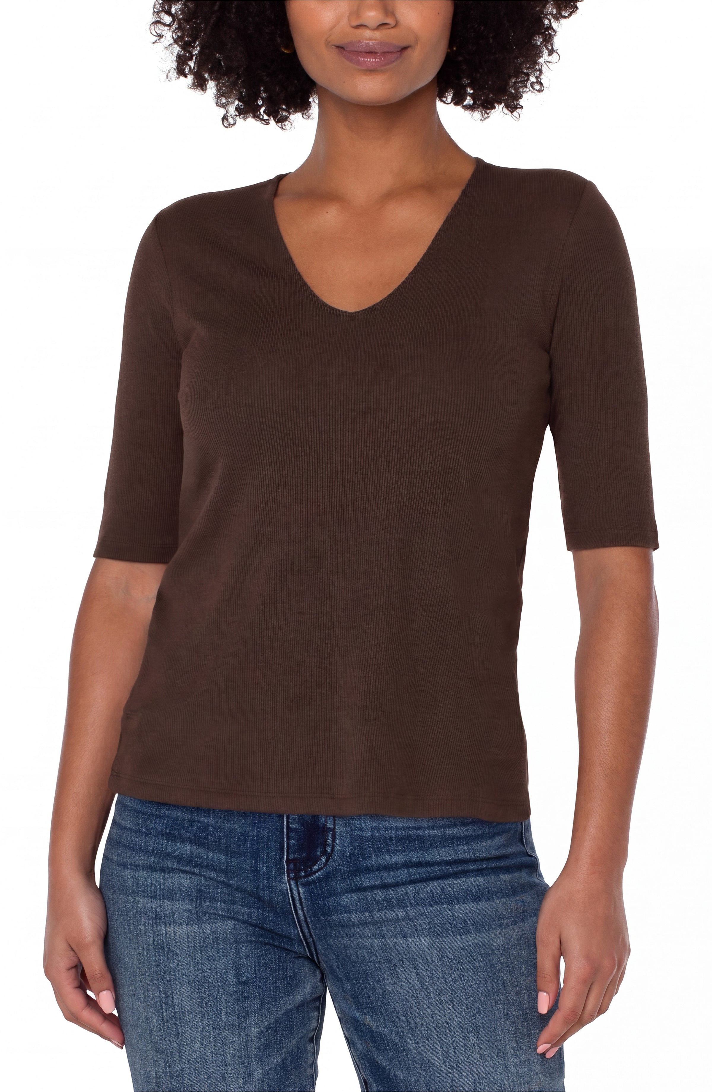 Liverpool Double Layer V-Neck 1/2 Sleeve Rib Knit Top
