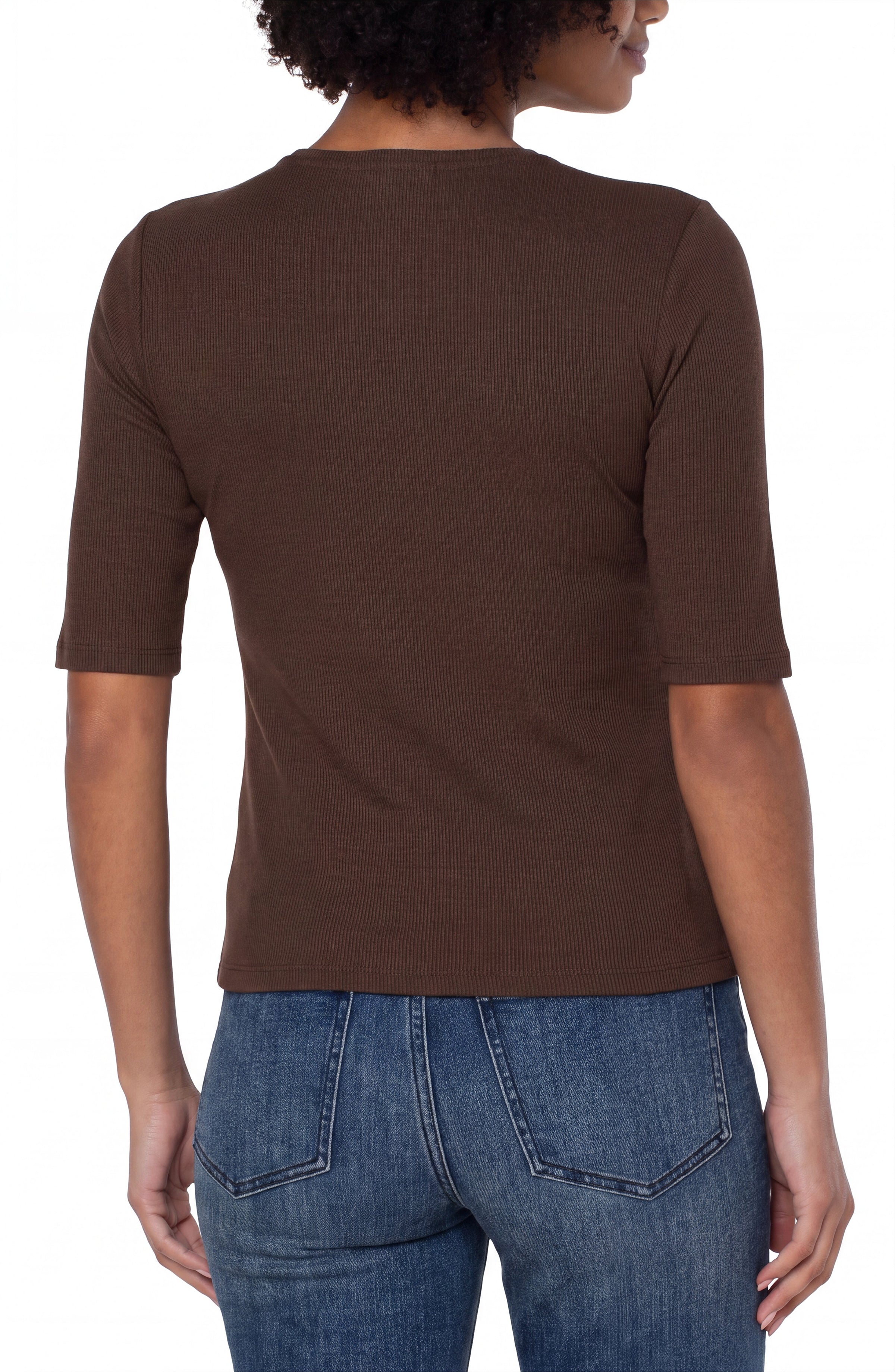 Liverpool Double Layer V-Neck 1/2 Sleeve Rib Knit Top