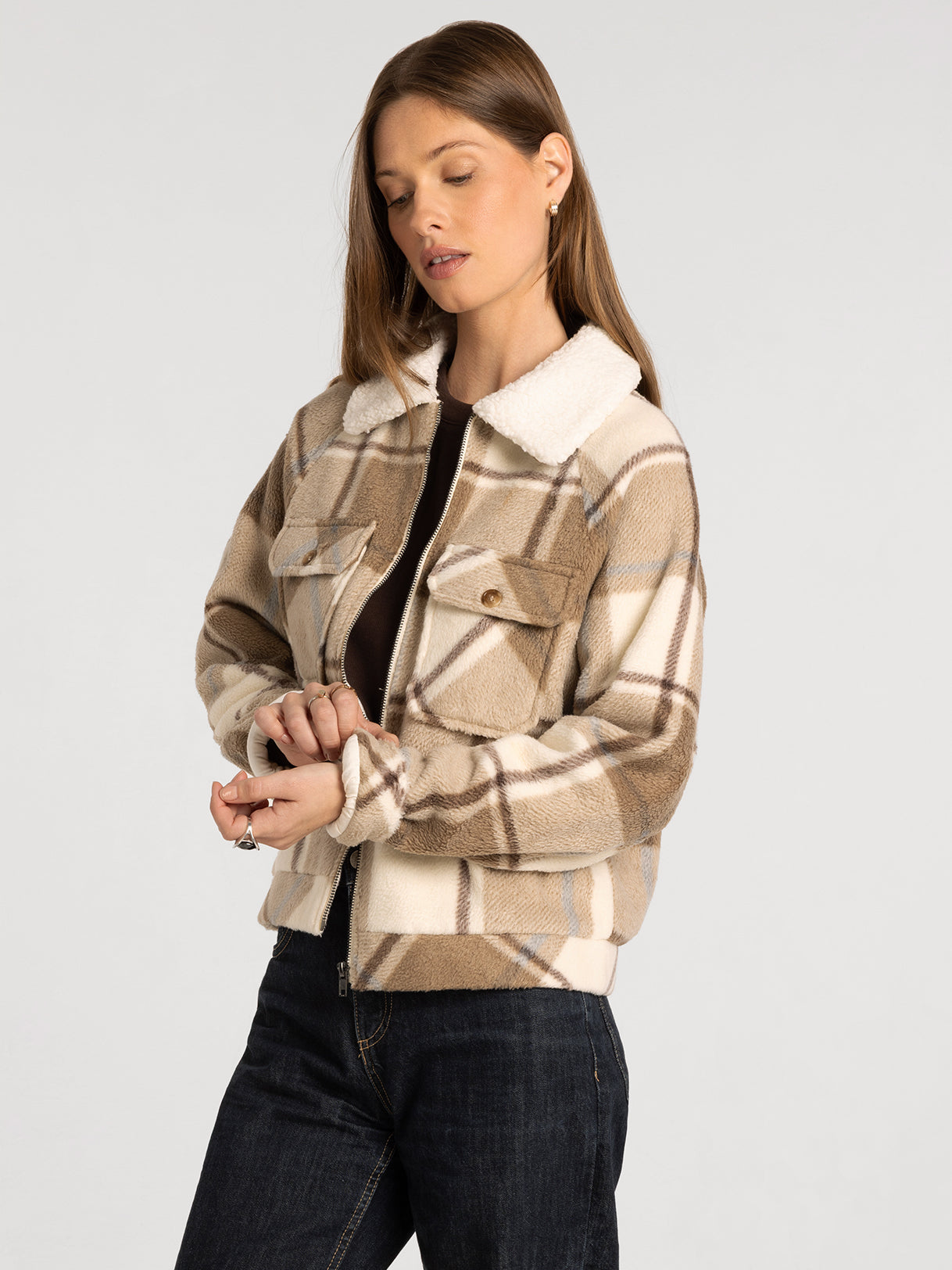 Plaid Fleece Sherpa Zip Front Jacket