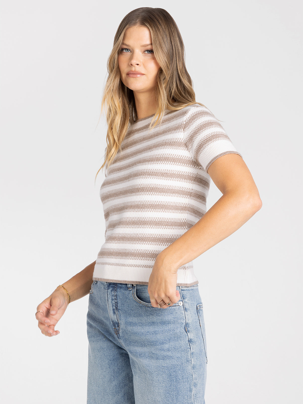 Short Sleeve Striped Crew Neck Sweater Top