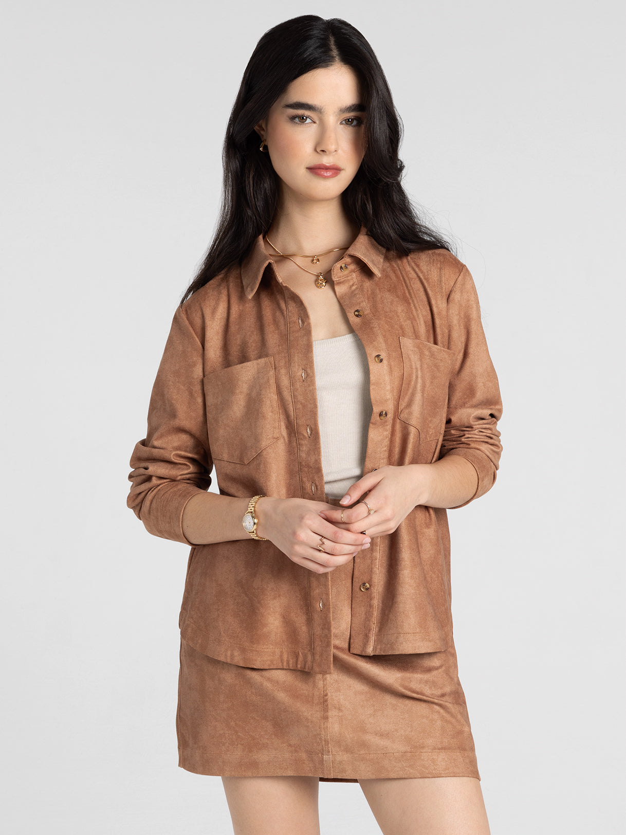 Faux Suede Button Down Top with Front Pockets