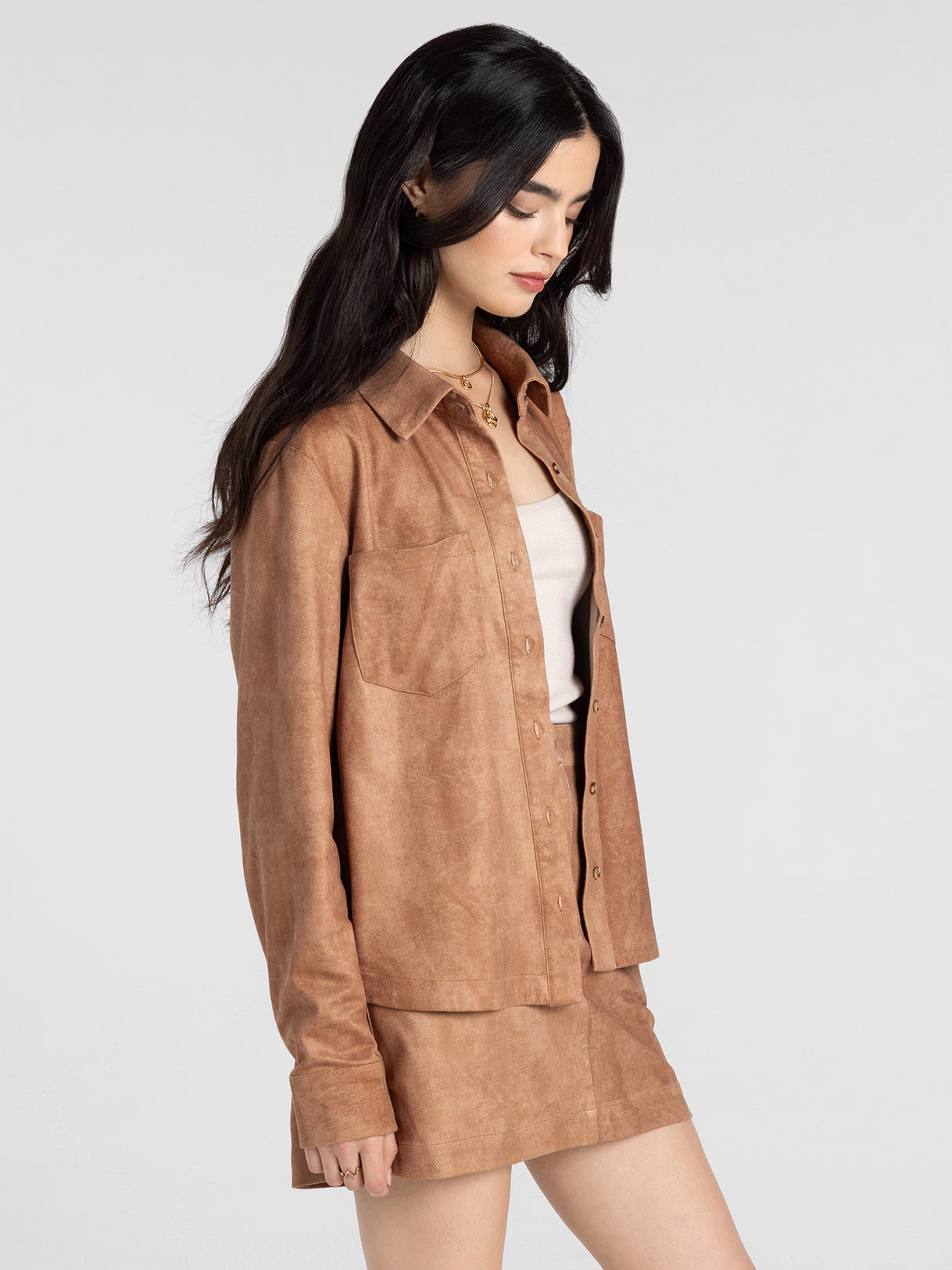 Faux Suede Button Down Top with Front Pockets