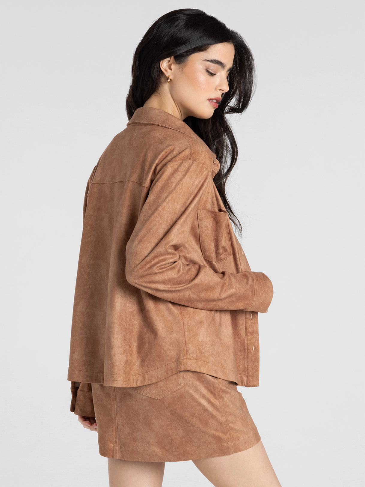 Faux Suede Button Down Top with Front Pockets