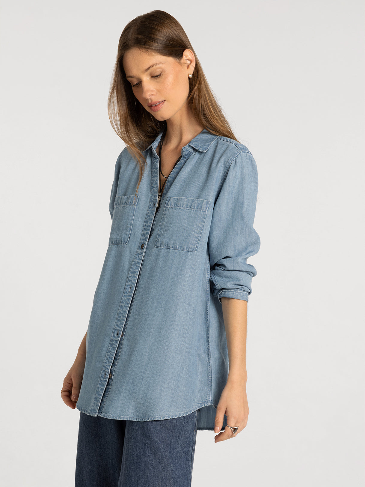 Classic Drapey Denim Button Down Top