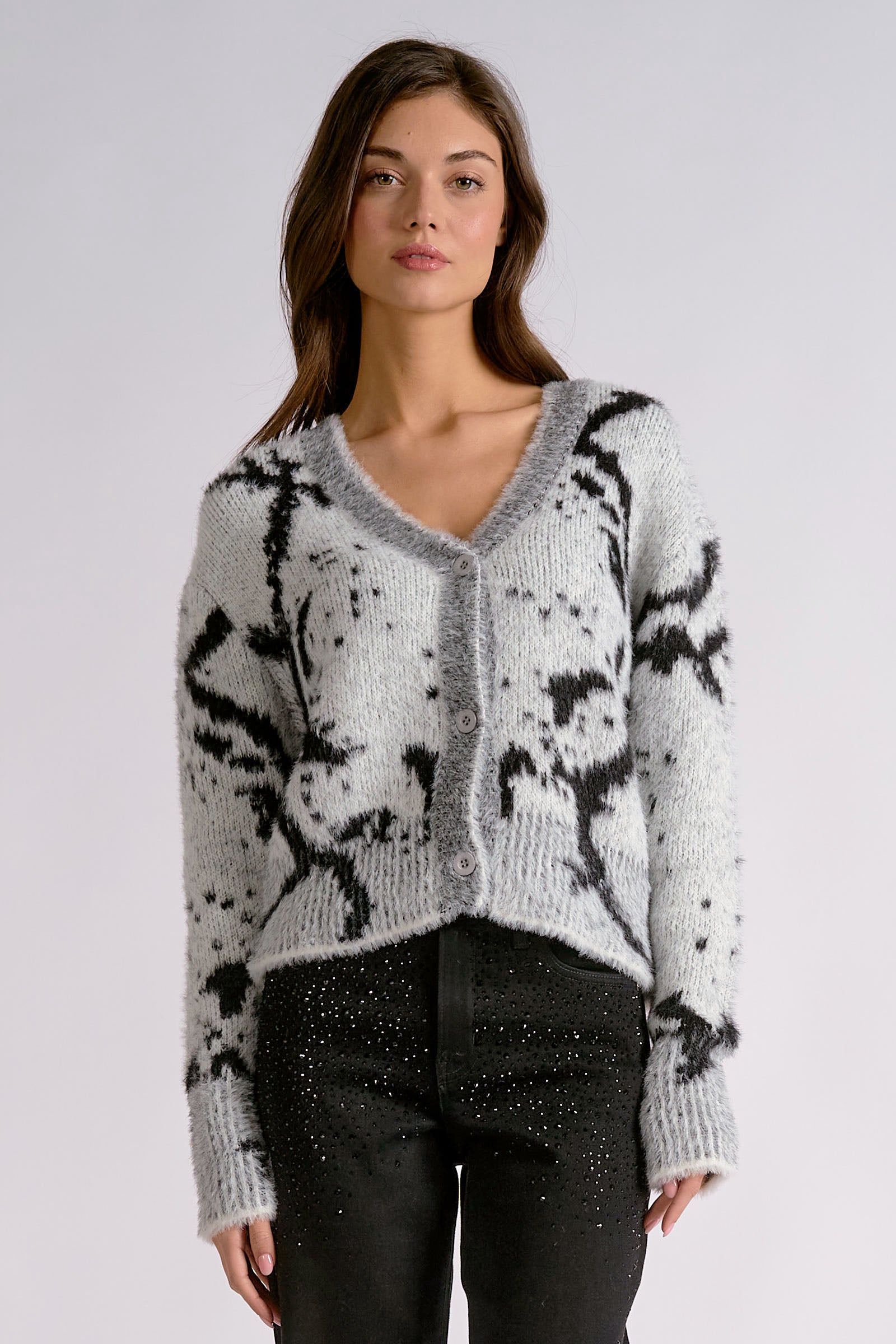 Printed V-Neck Button Front Cardigan