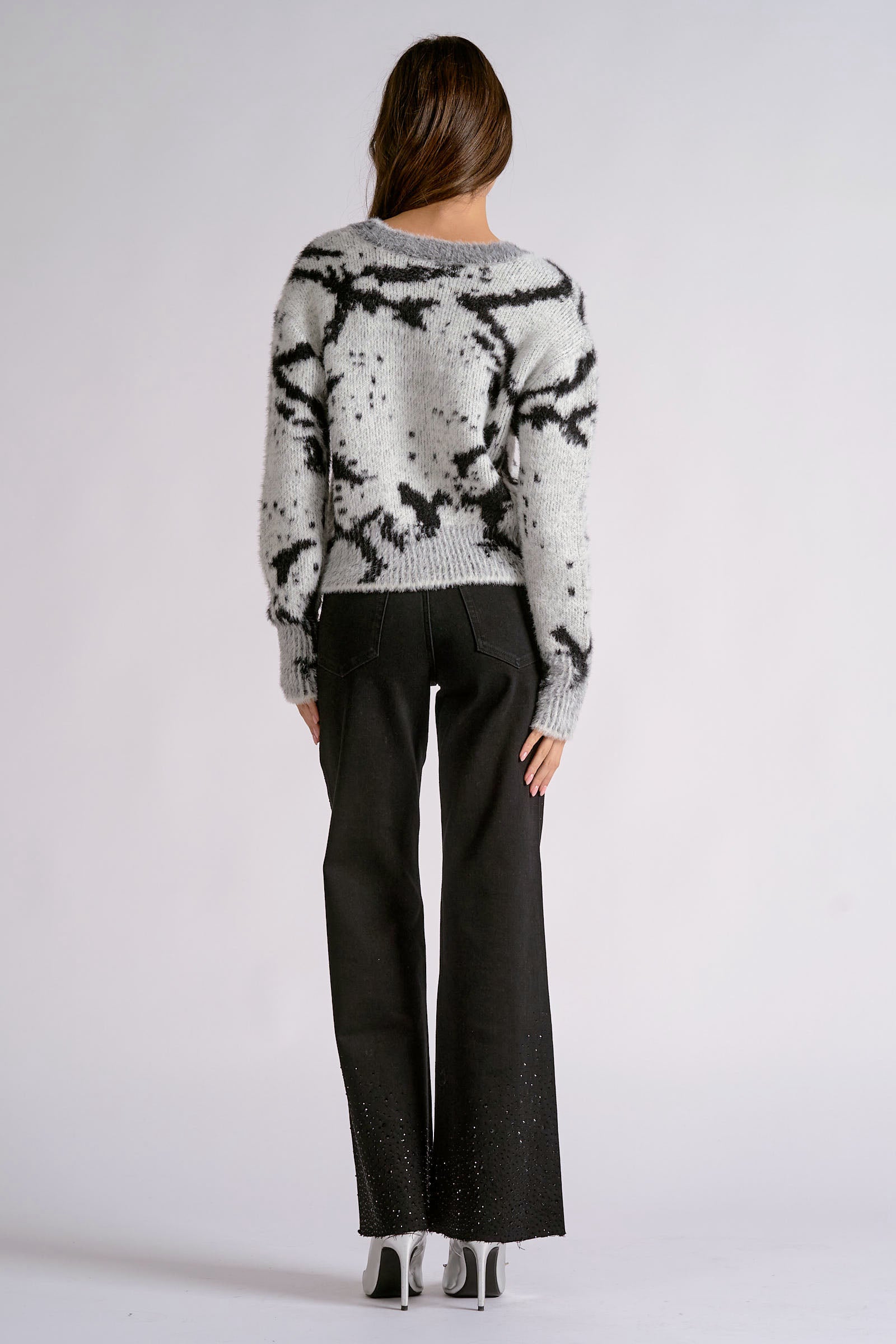 Printed V-Neck Button Front Cardigan