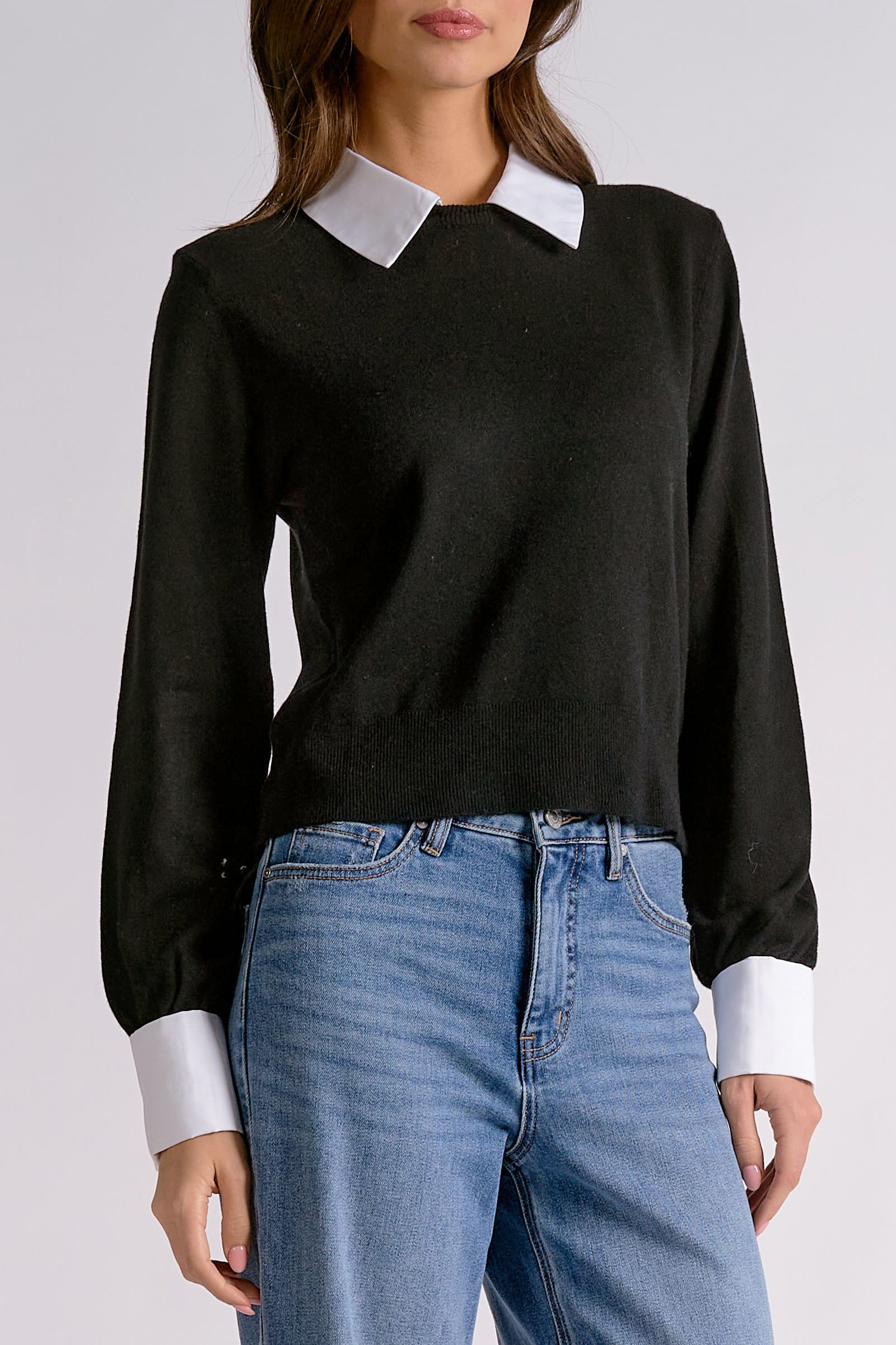 Sweater with Contrast Collar and Cuffs