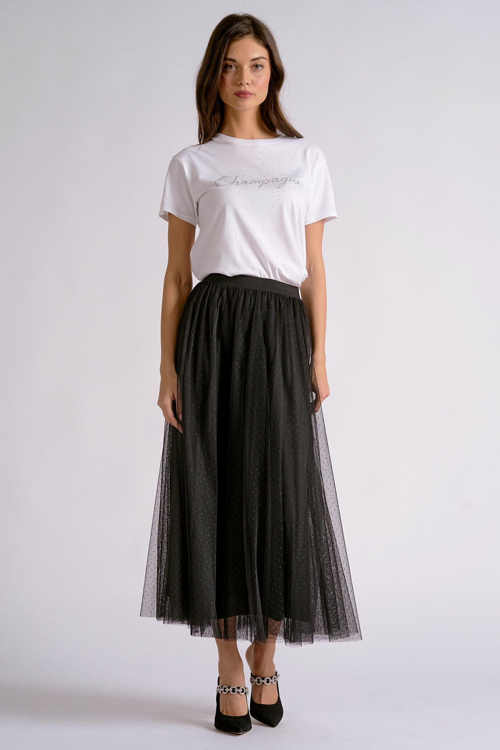 Mesh Detail Midi Skirt