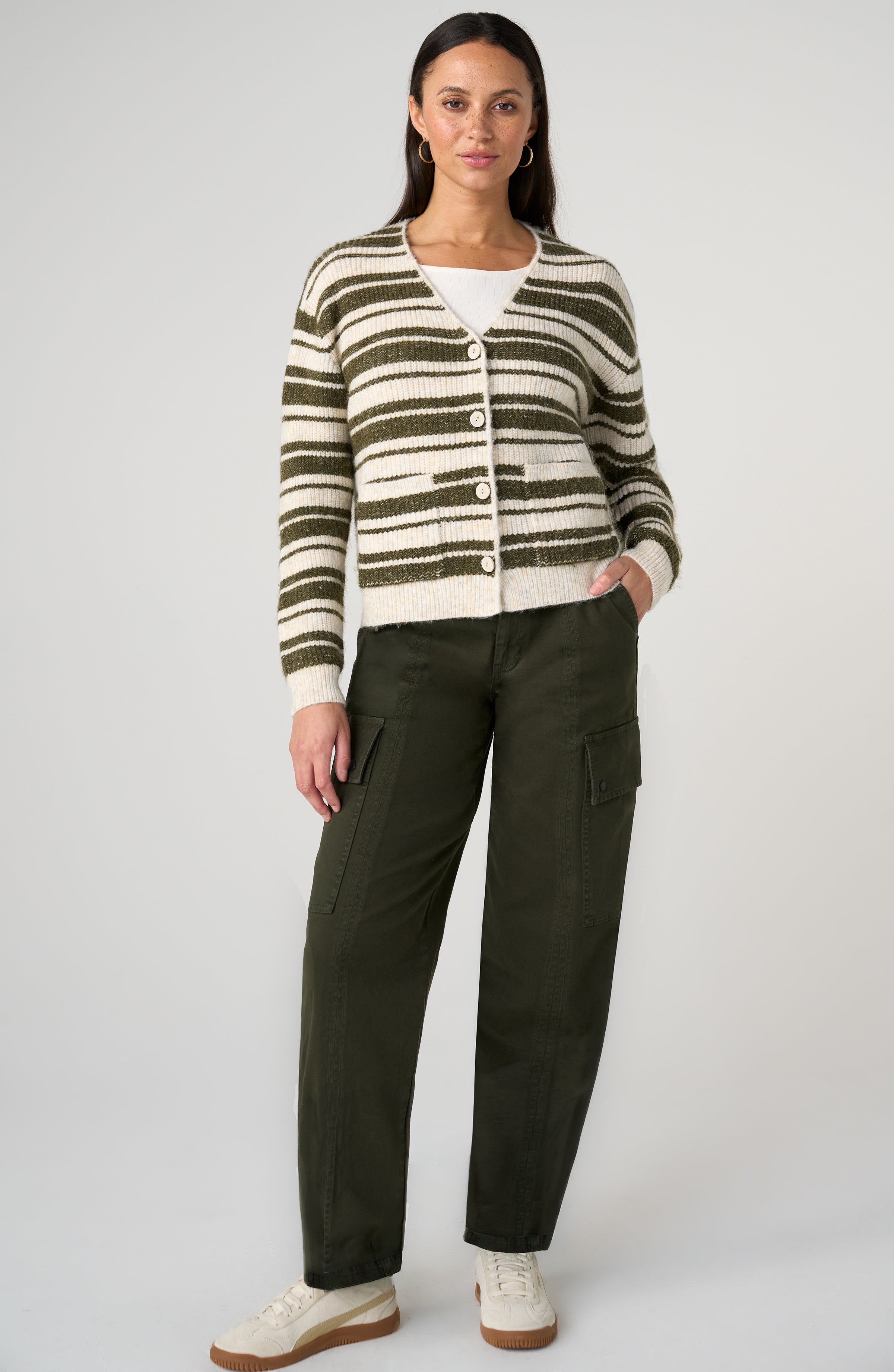 Liverpool Button Front V Neck Cardigan with Stripes