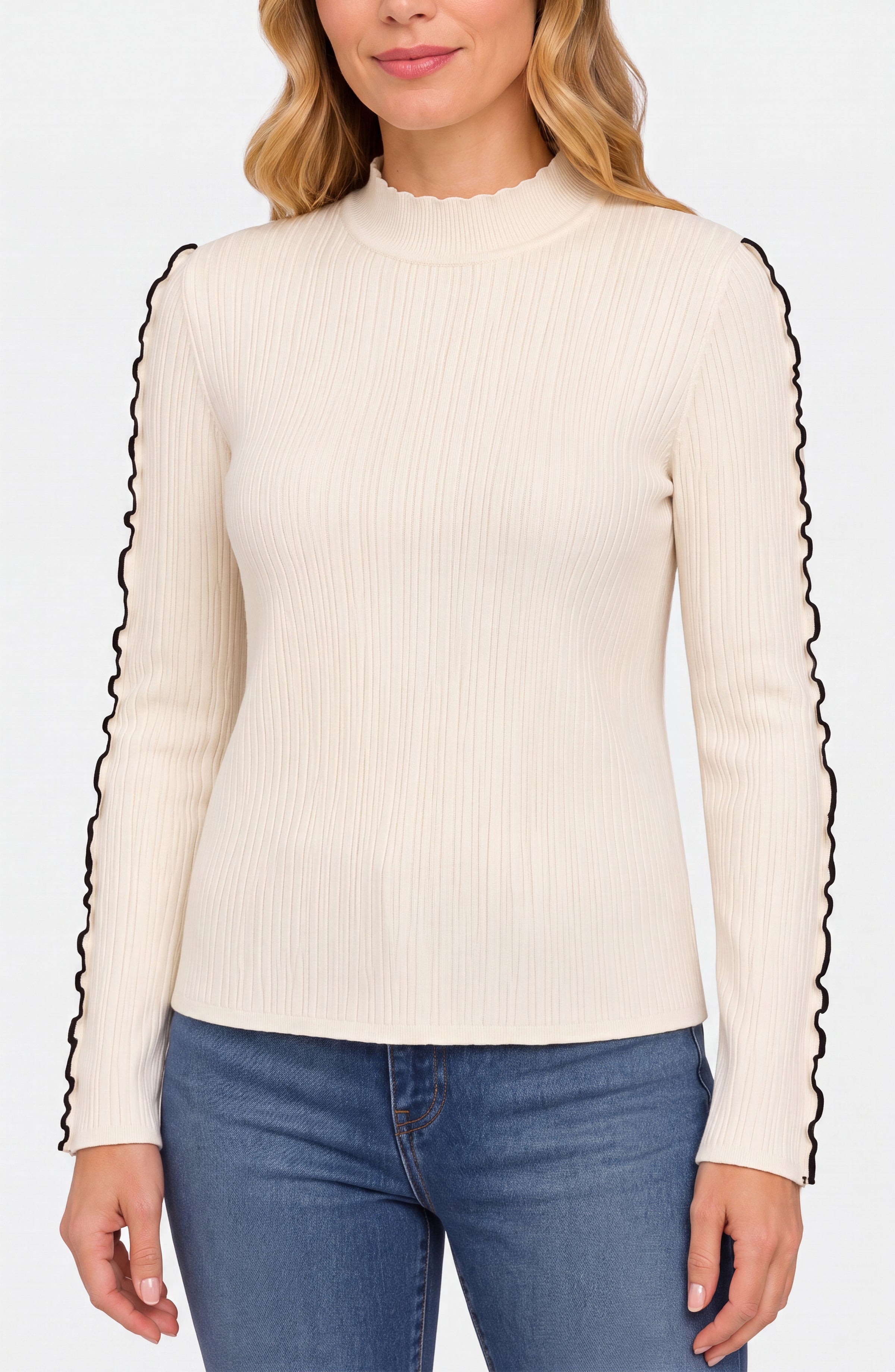 Liverpool Mock Neck Textured Sweater with Sleeve Piping