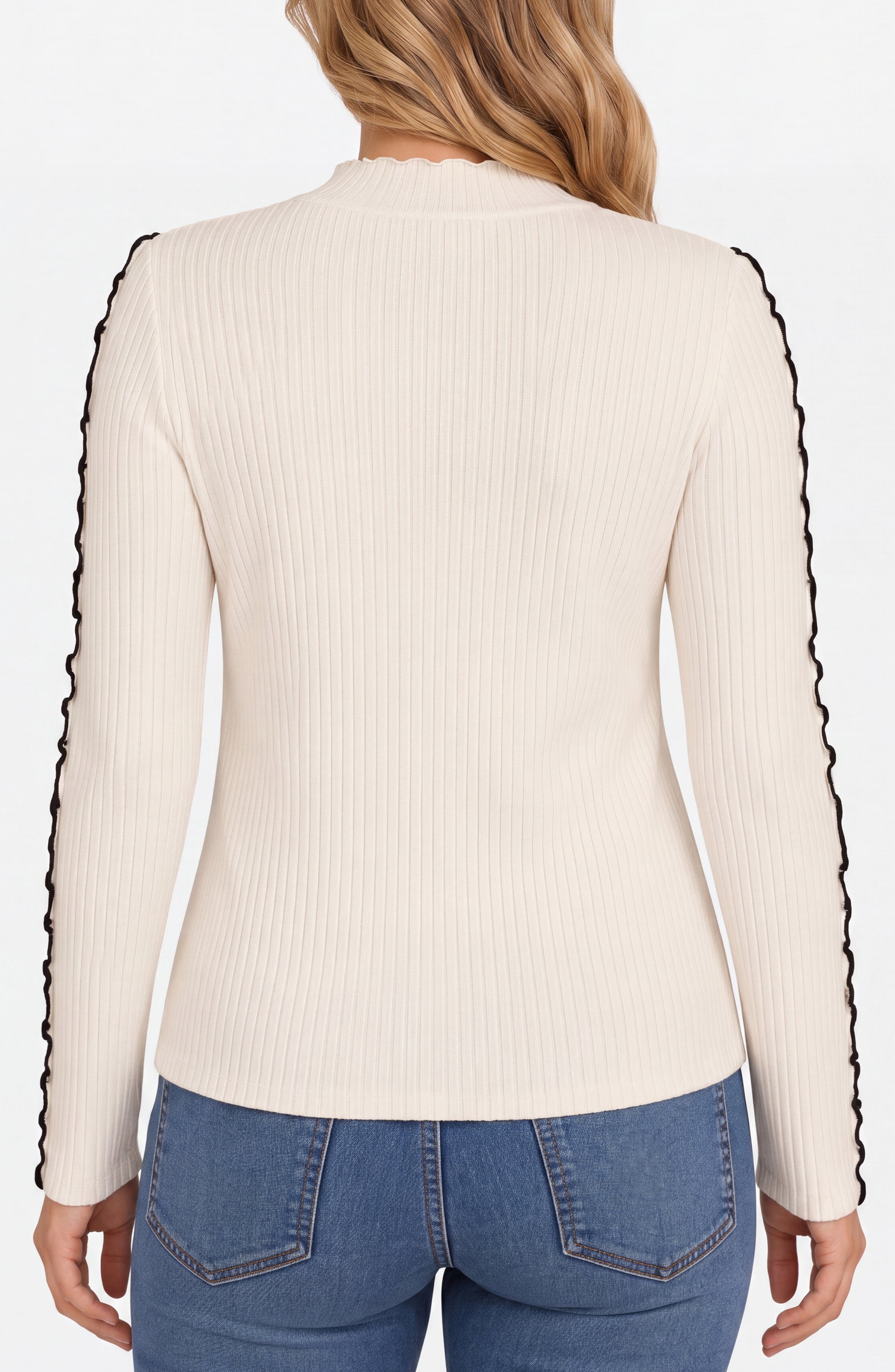 Liverpool Mock Neck Textured Sweater with Sleeve Piping