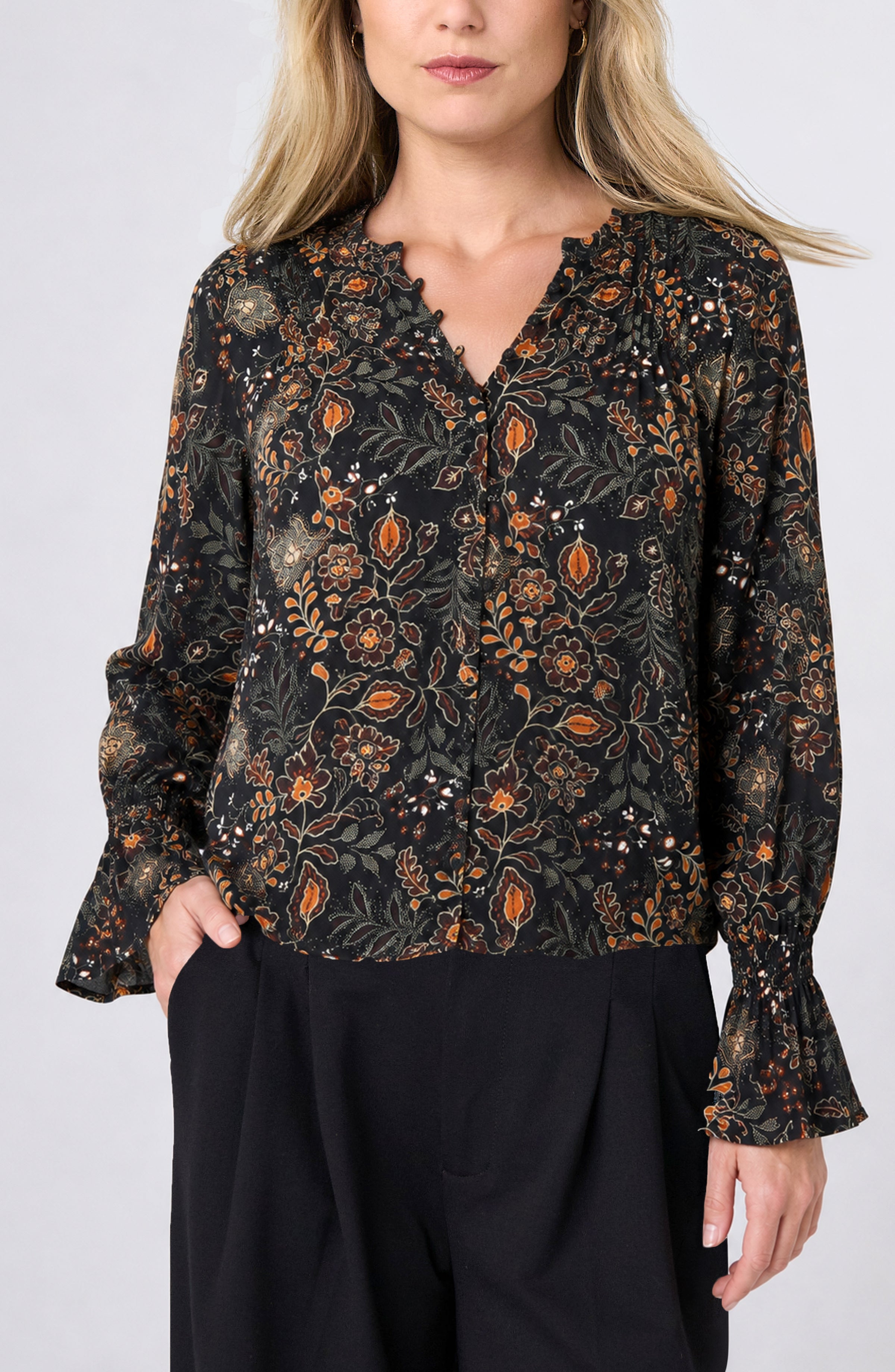 Liverpool Floral Woven Blouse with Pintucks and Bell Sleeve