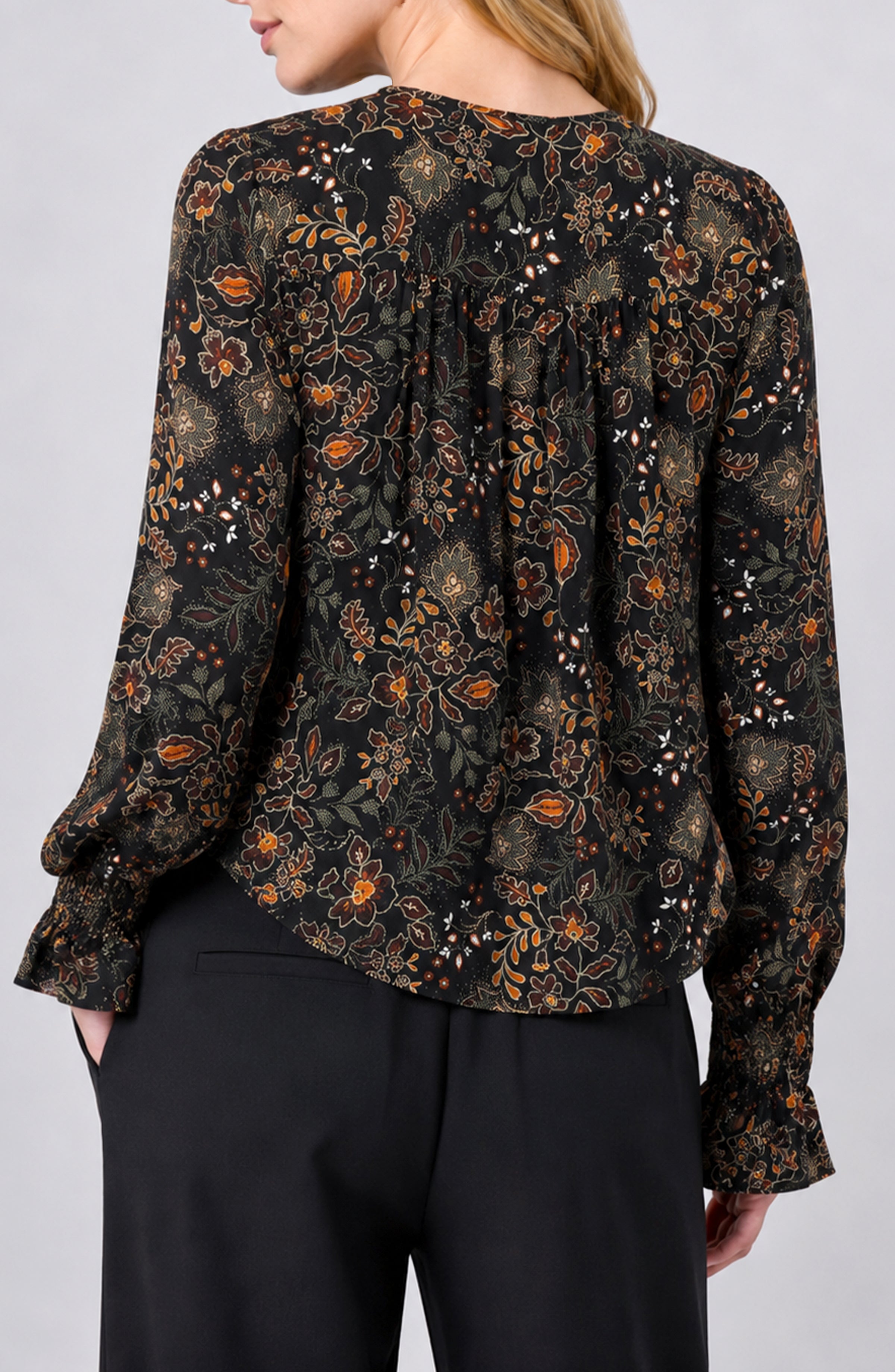 Liverpool Floral Woven Blouse with Pintucks and Bell Sleeve