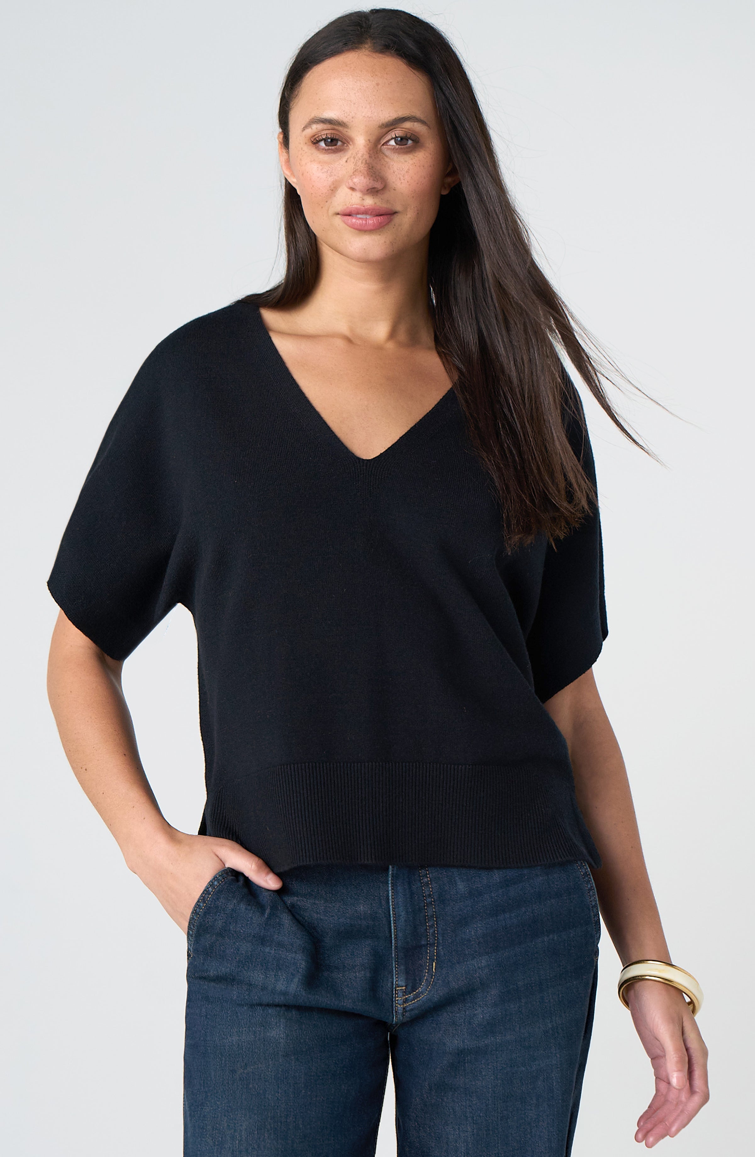 Liverpool Dolman Short Sleeve Sweater with Step Hem