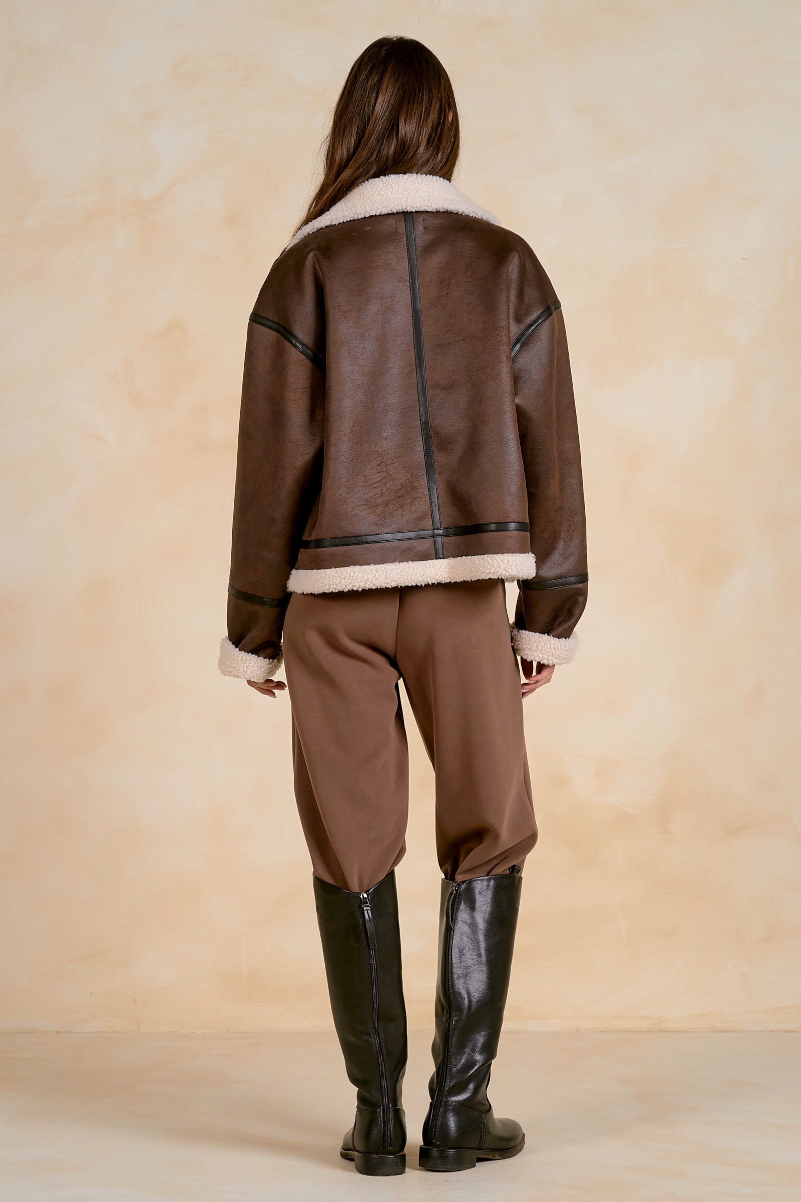 Faux Leather Zip Up Jacket with Shearling and Piping