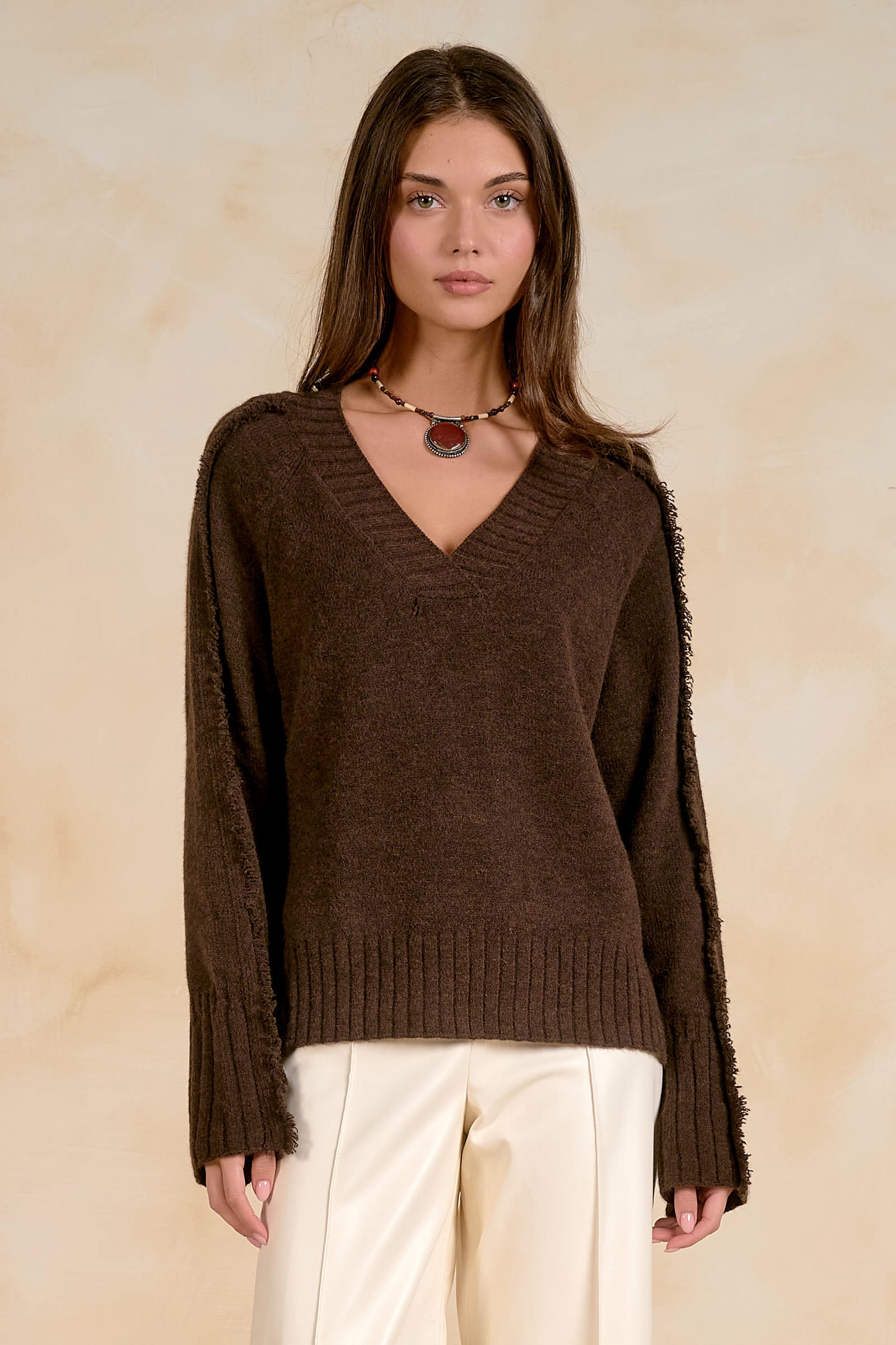 V Neck Sweater with Fray Details