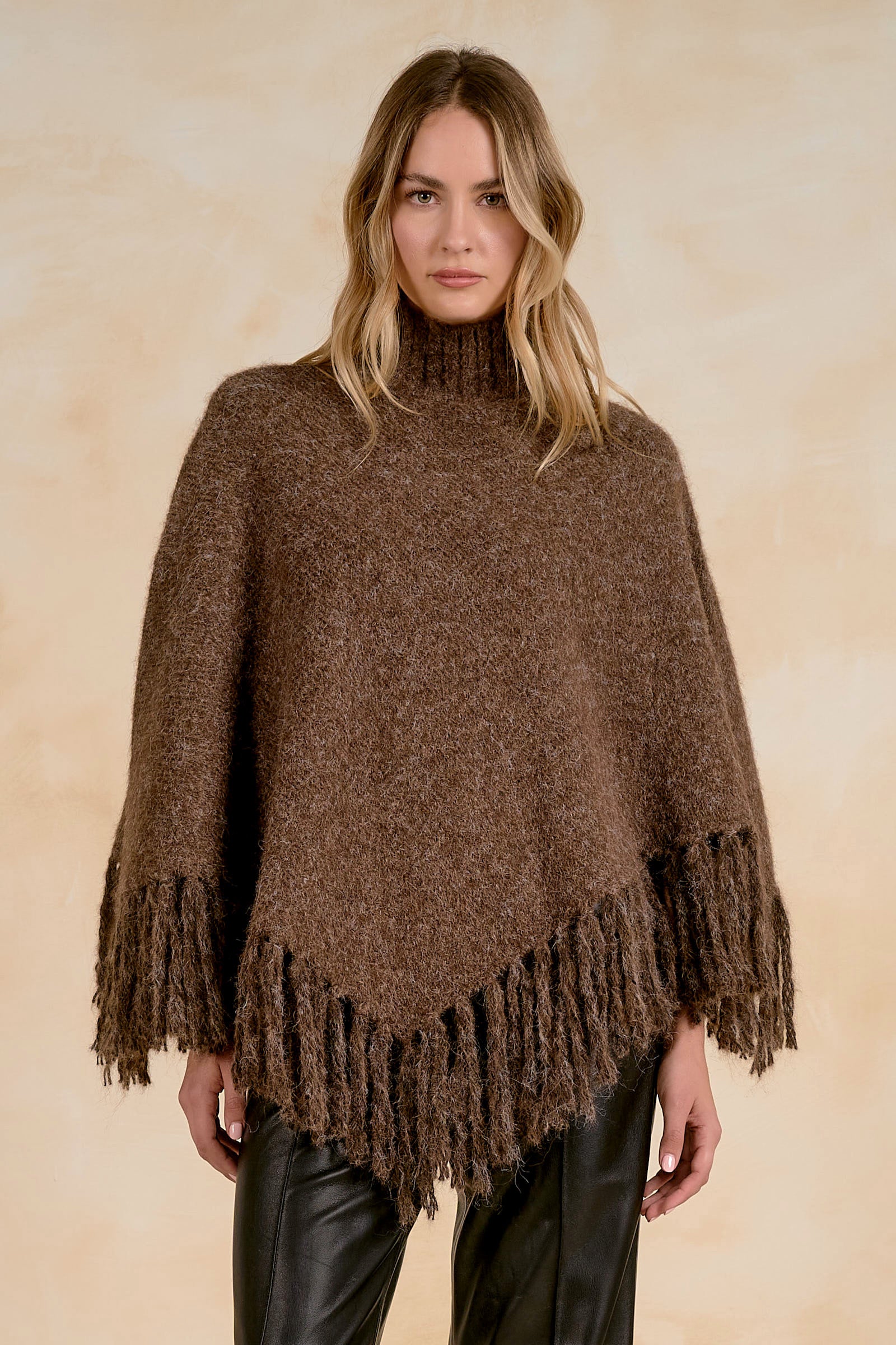 Turtleneck Sweater Poncho with Fringe