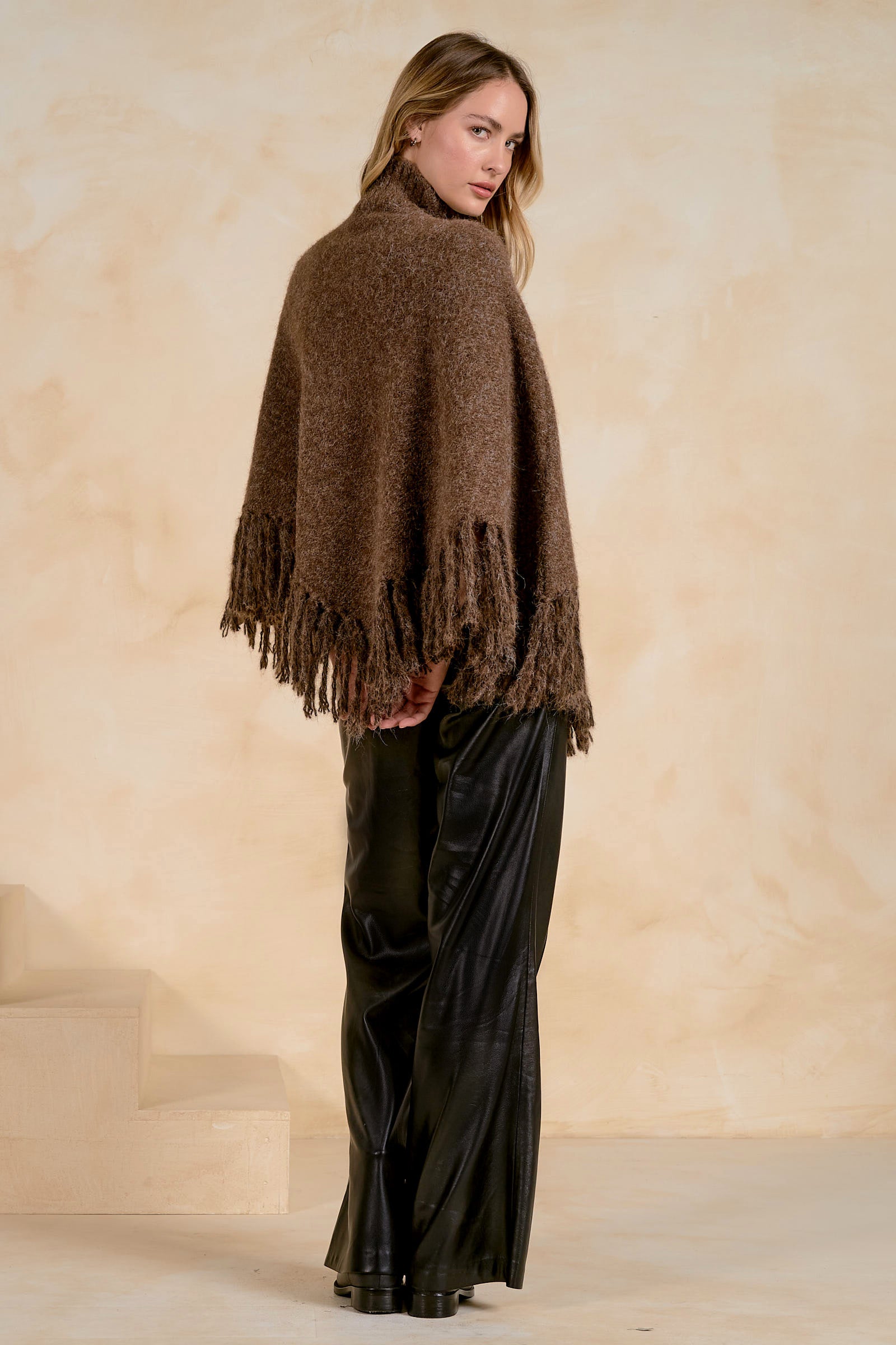 Turtleneck Sweater Poncho with Fringe
