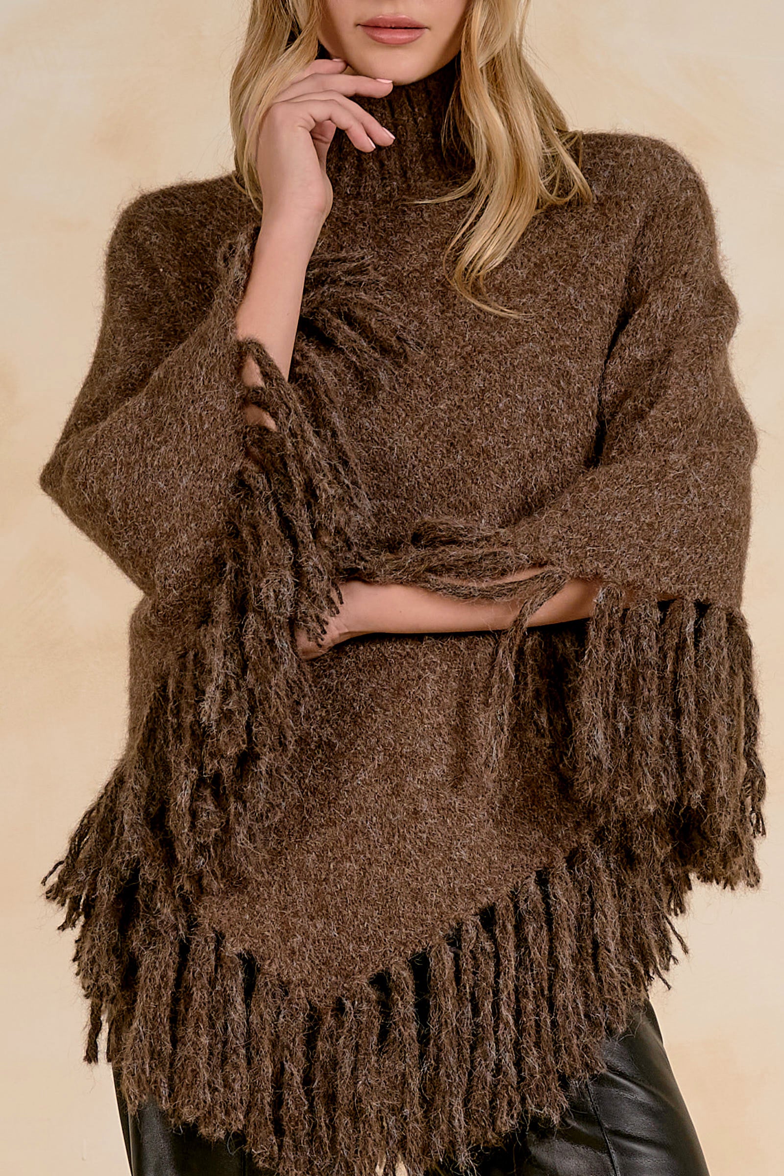 Turtleneck Sweater Poncho with Fringe