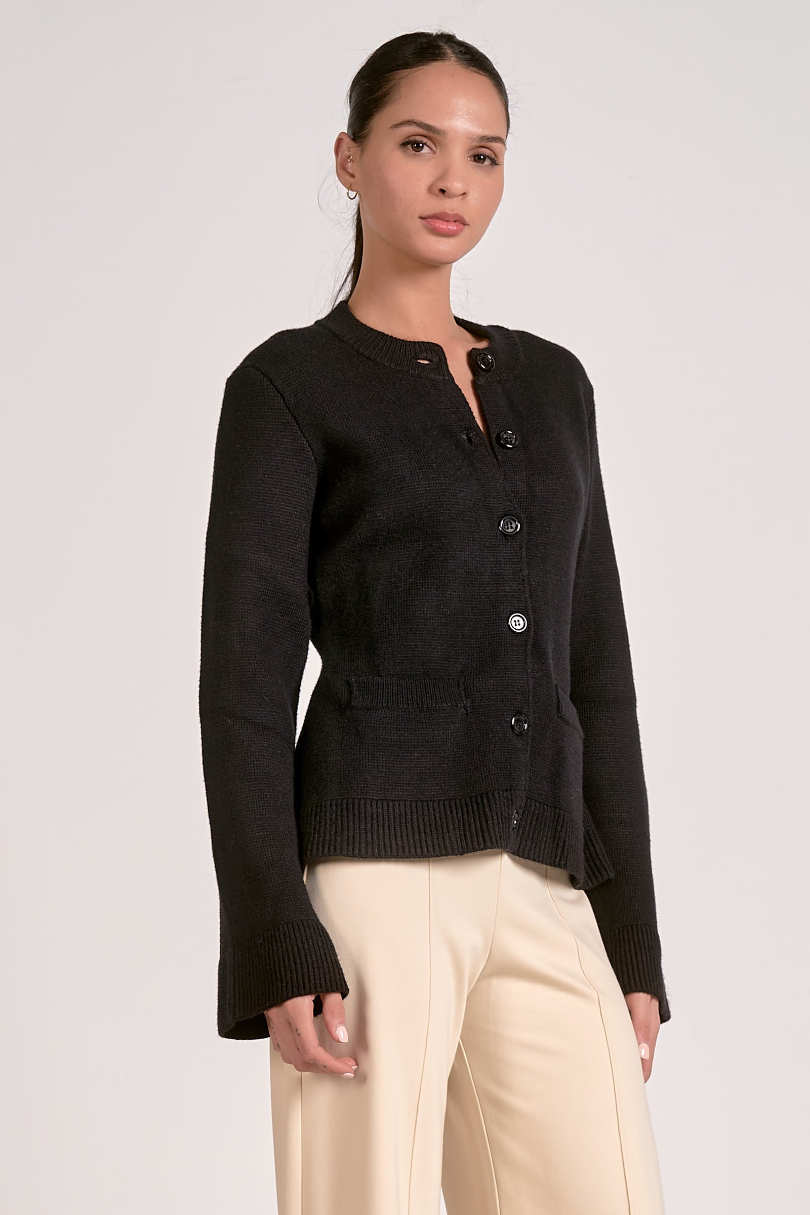 Heavy Button Front Cardigan with Flare Sleeve and Pockets