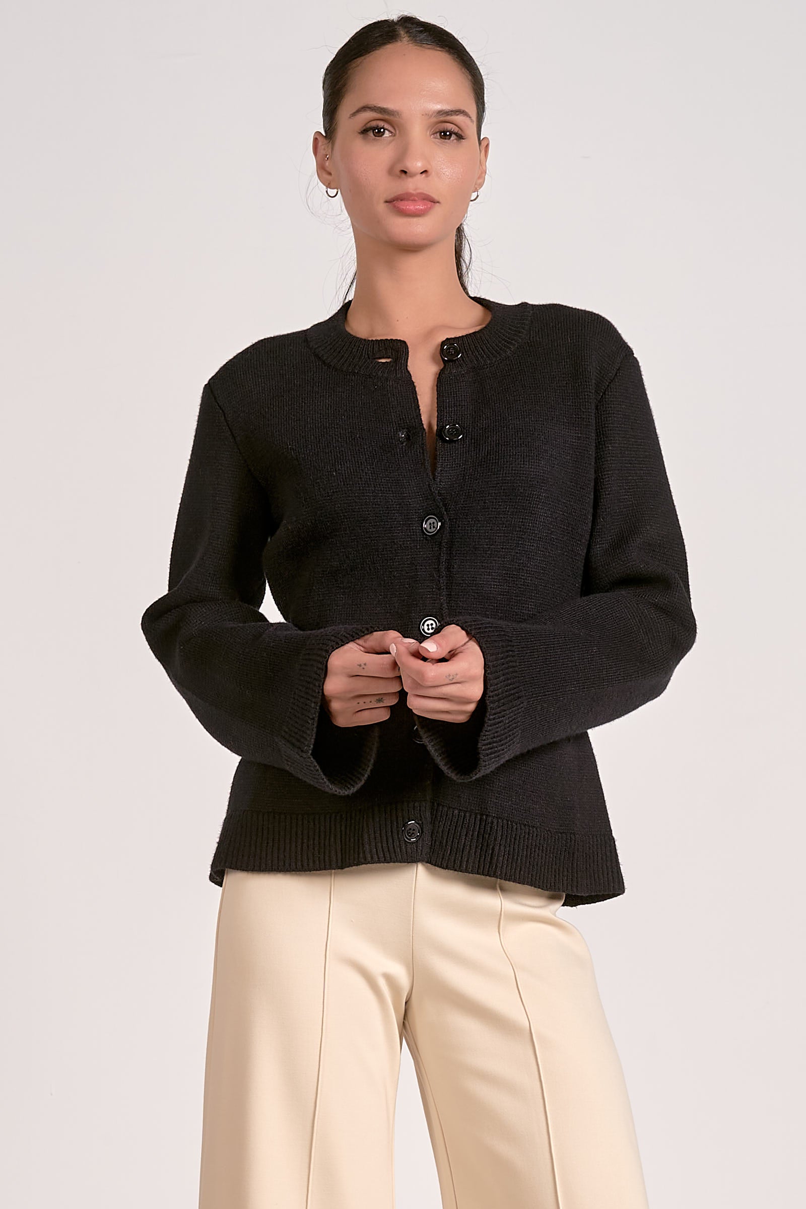 Heavy Button Front Cardigan with Flare Sleeve and Pockets